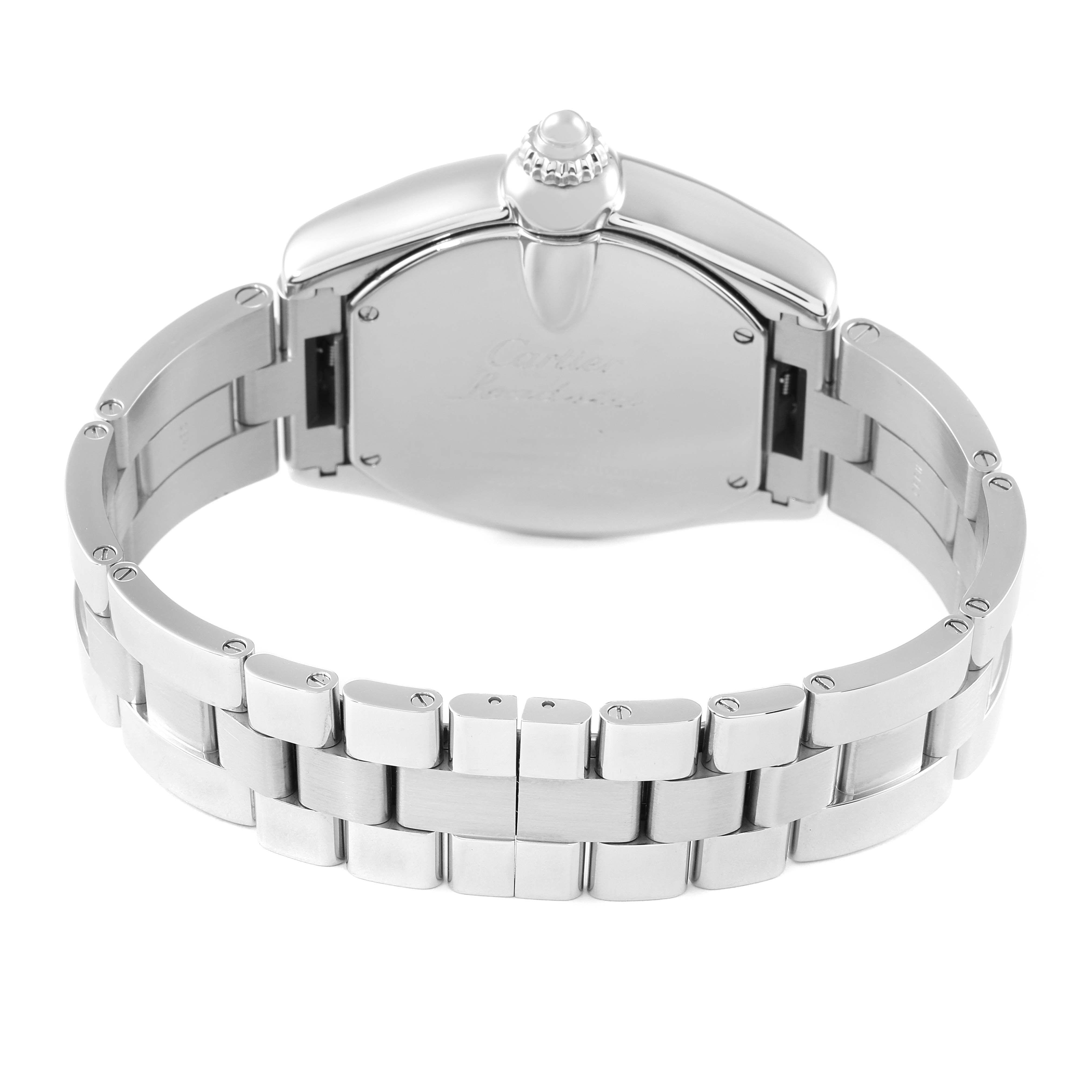 This image shows the back view and bracelet of the Cartier Roadster W62032X6 Men's Stainless Steel Silver Dial W62032X6 Men's Stainless Steel Silver Dial watch.