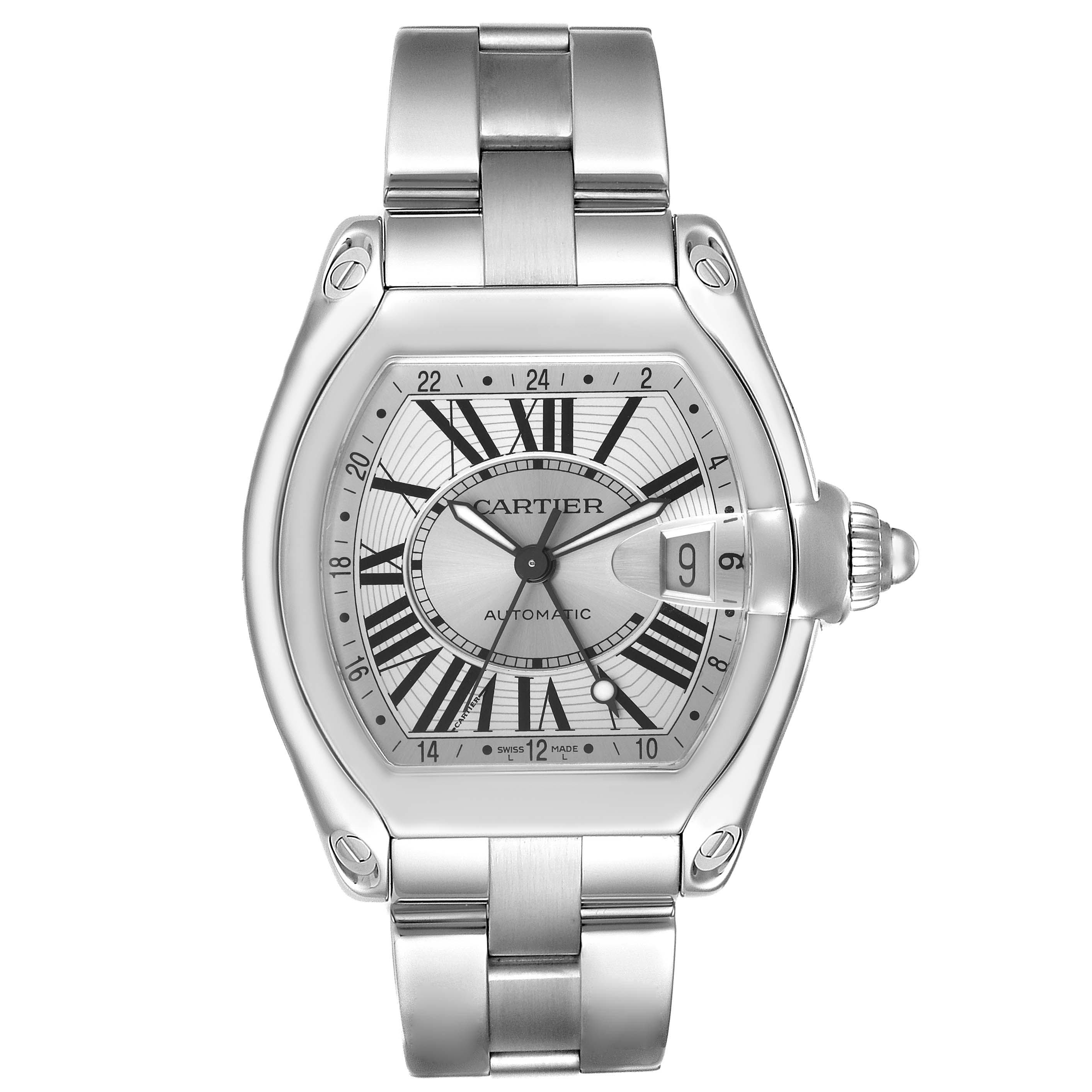 The image shows a front view of the Cartier Roadster W62032X6 Men's Stainless Steel Silver Dial W62032X6 Men's Stainless Steel Silver Dial watch, highlighting the dial, bracelet, and crown.