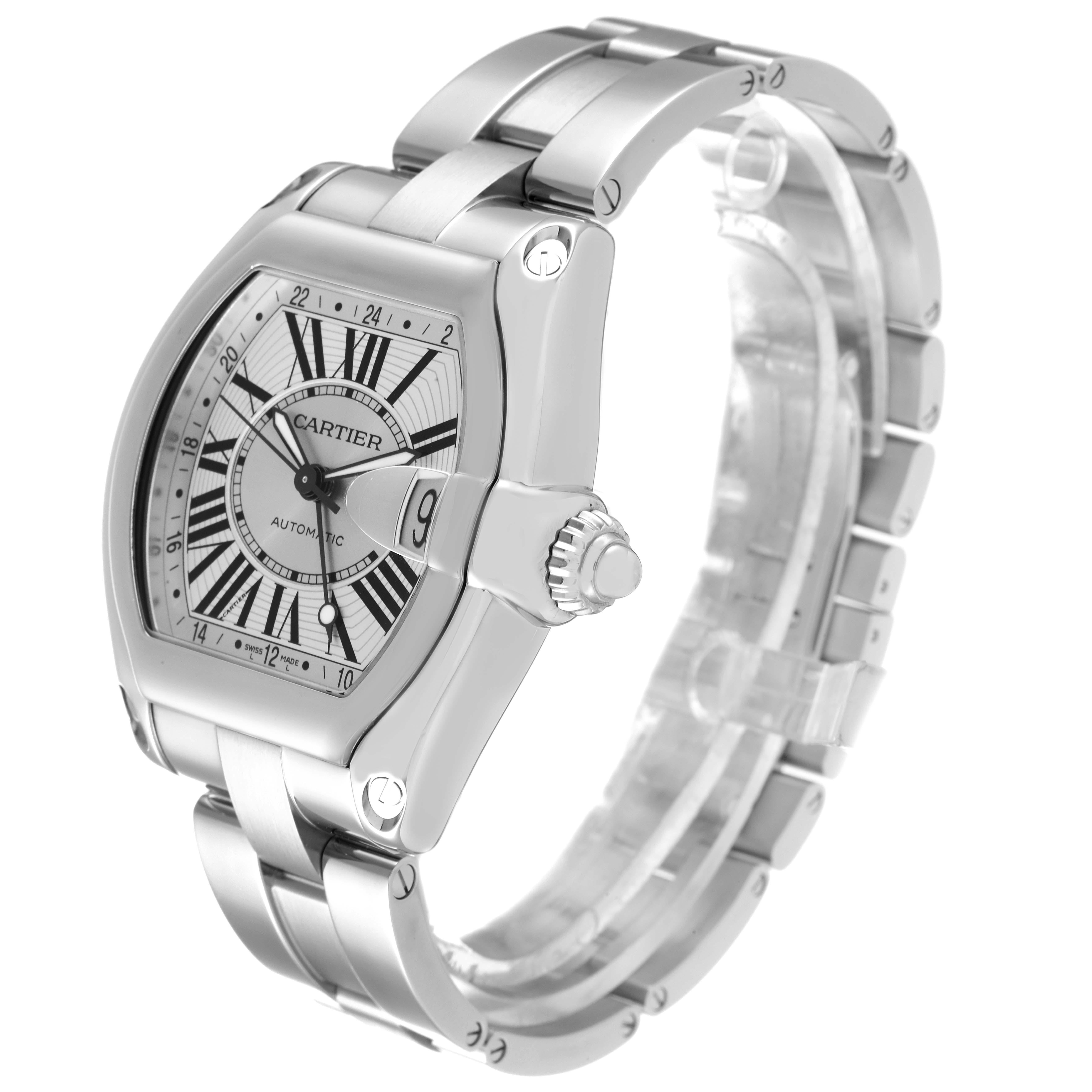 The image shows a Cartier Roadster W62032X6 Men's Stainless Steel Silver Dial W62032X6 Men's Stainless Steel Silver Dial watch from a three-quarter angle, highlighting the face, bezel, crown, and bracelet.