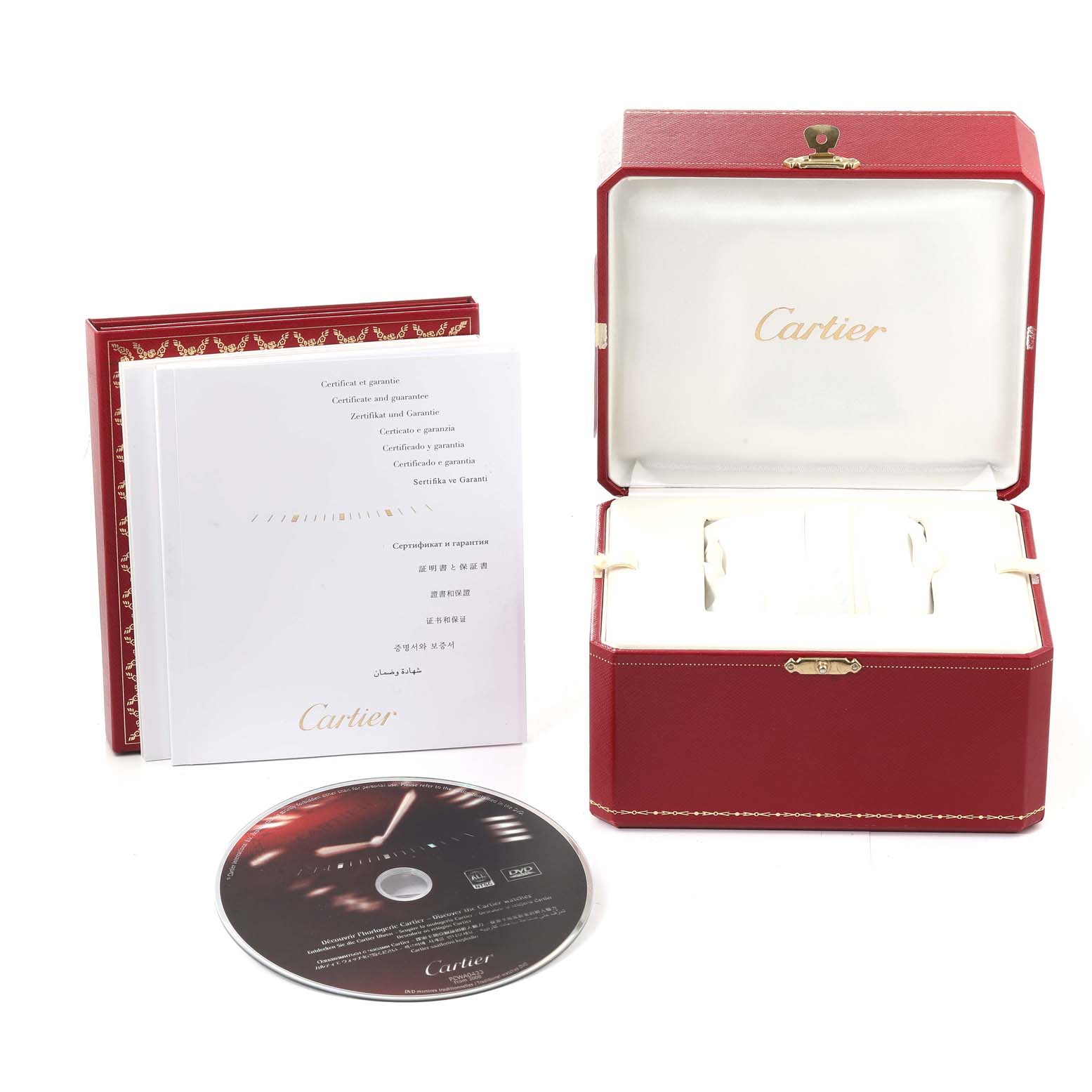 The image shows Cartier Roadster W62032X6 Men's Stainless Steel Silver Dial W62032X6 Men's Stainless Steel Silver Dial watch accessories including the box, certificate, and a CD, viewed from the front.