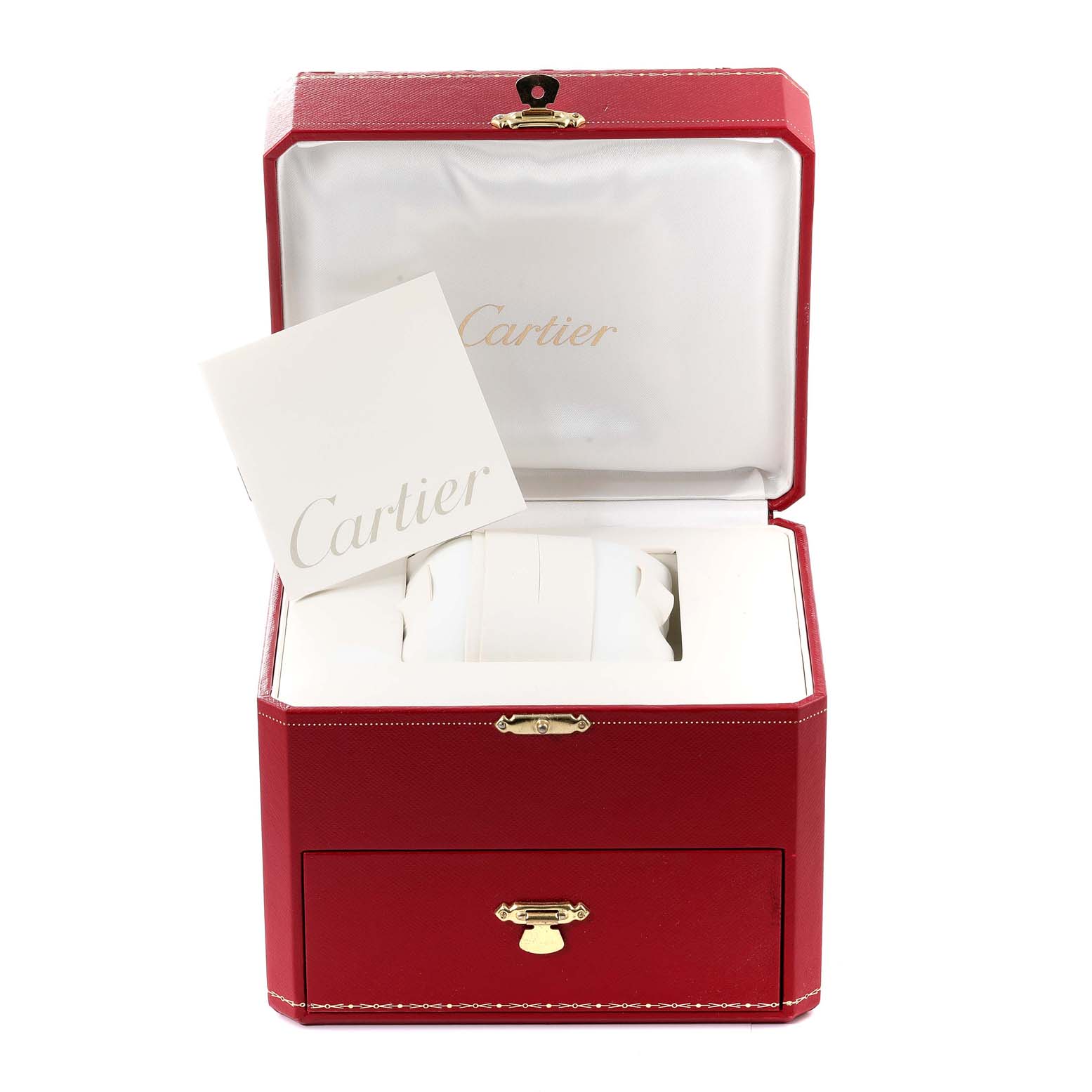 The image shows the box and accessories for a Cartier Roadster W62025V3 Men's Stainless Steel Silver Dial W62025V3 Men's Stainless Steel Silver Dial watch, including a cushion and booklet, displayed in an open red case.
