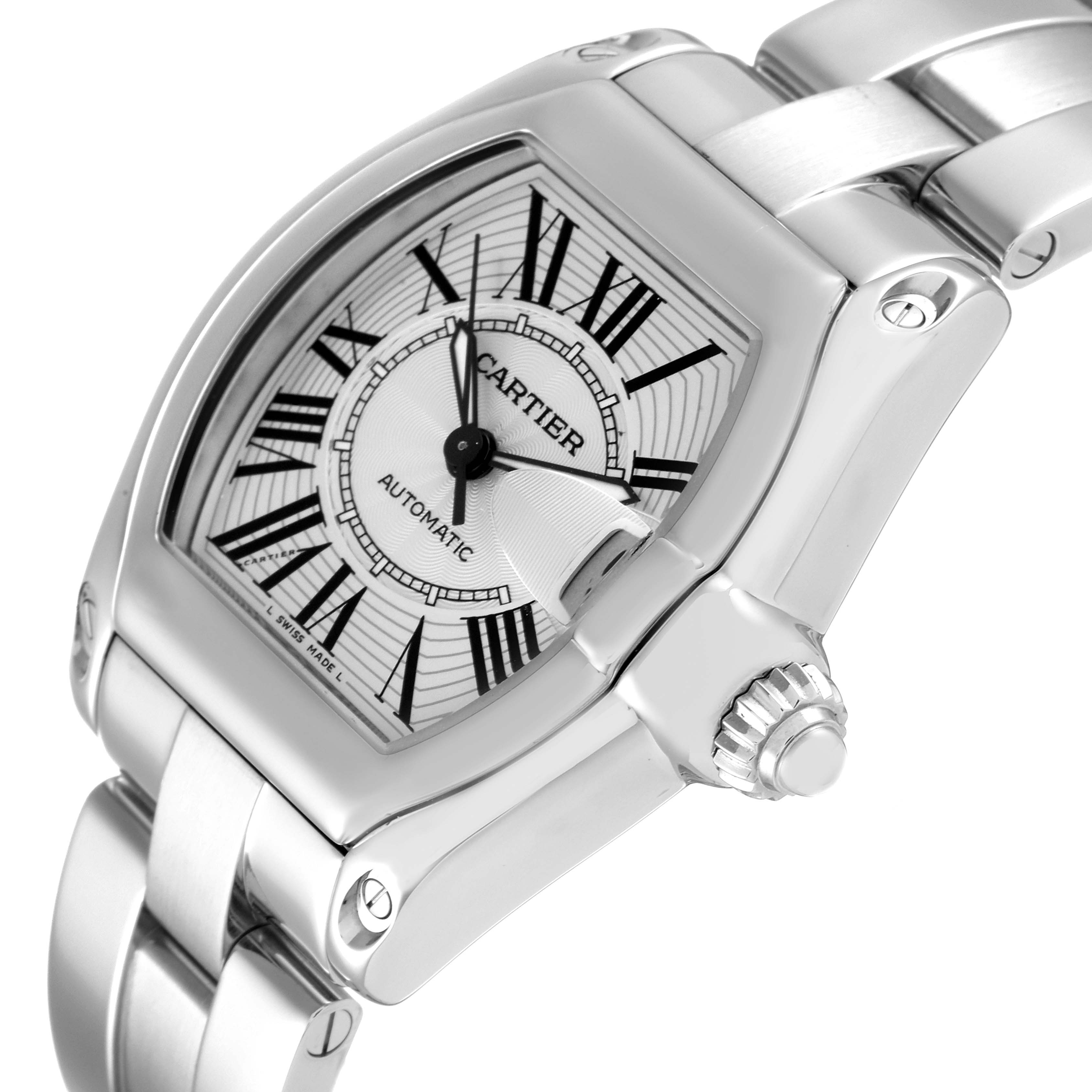 The image shows a close-up, angled view of the Cartier Roadster W62025V3 Men's Stainless Steel Silver Dial W62025V3 Men's Stainless Steel Silver Dial watch highlighting the dial, bezel, and part of the bracelet.