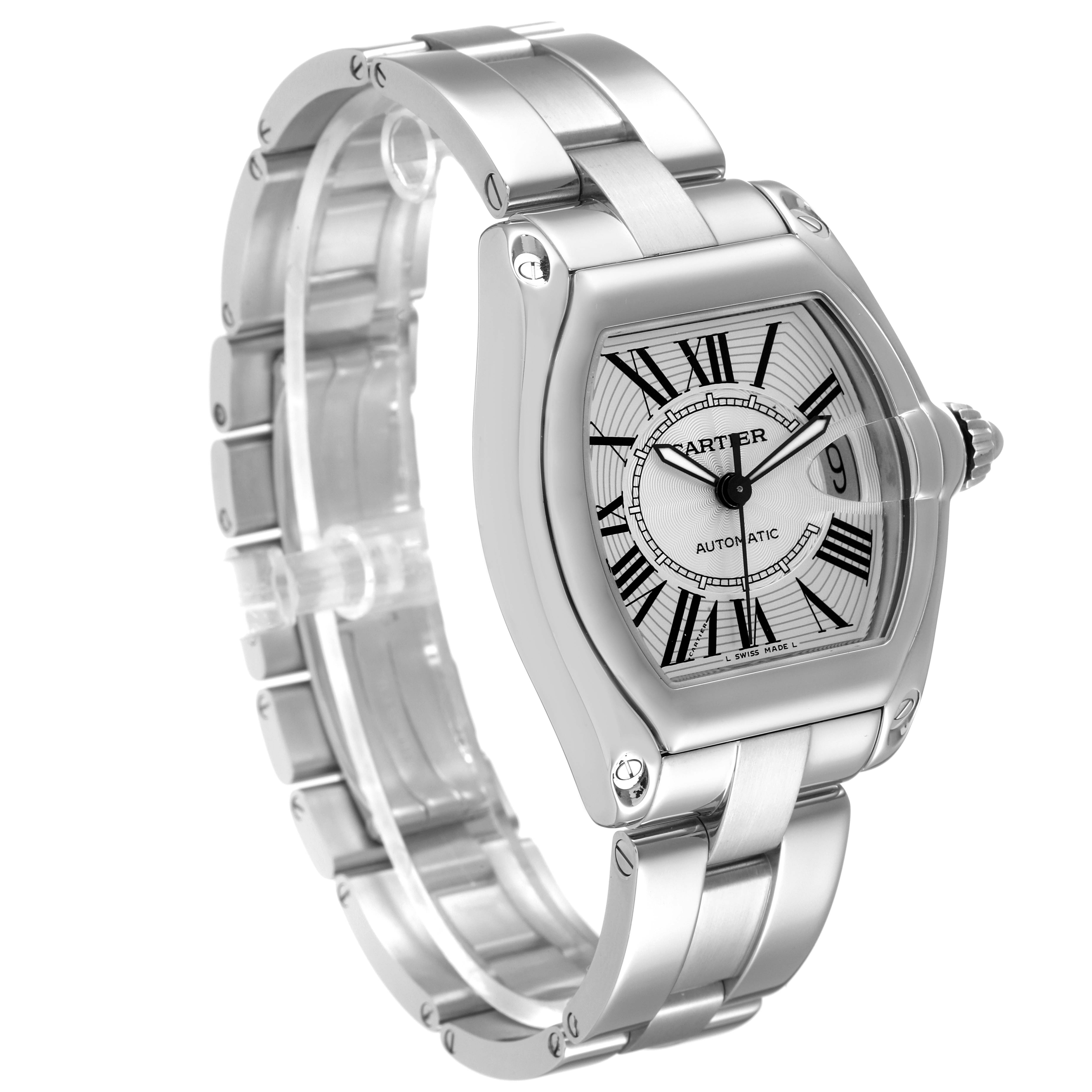The image shows a three-quarter view of the Cartier Roadster W62025V3 Men's Stainless Steel Silver Dial W62025V3 Men's Stainless Steel Silver Dial watch, highlighting its face, bezel, and bracelet.
