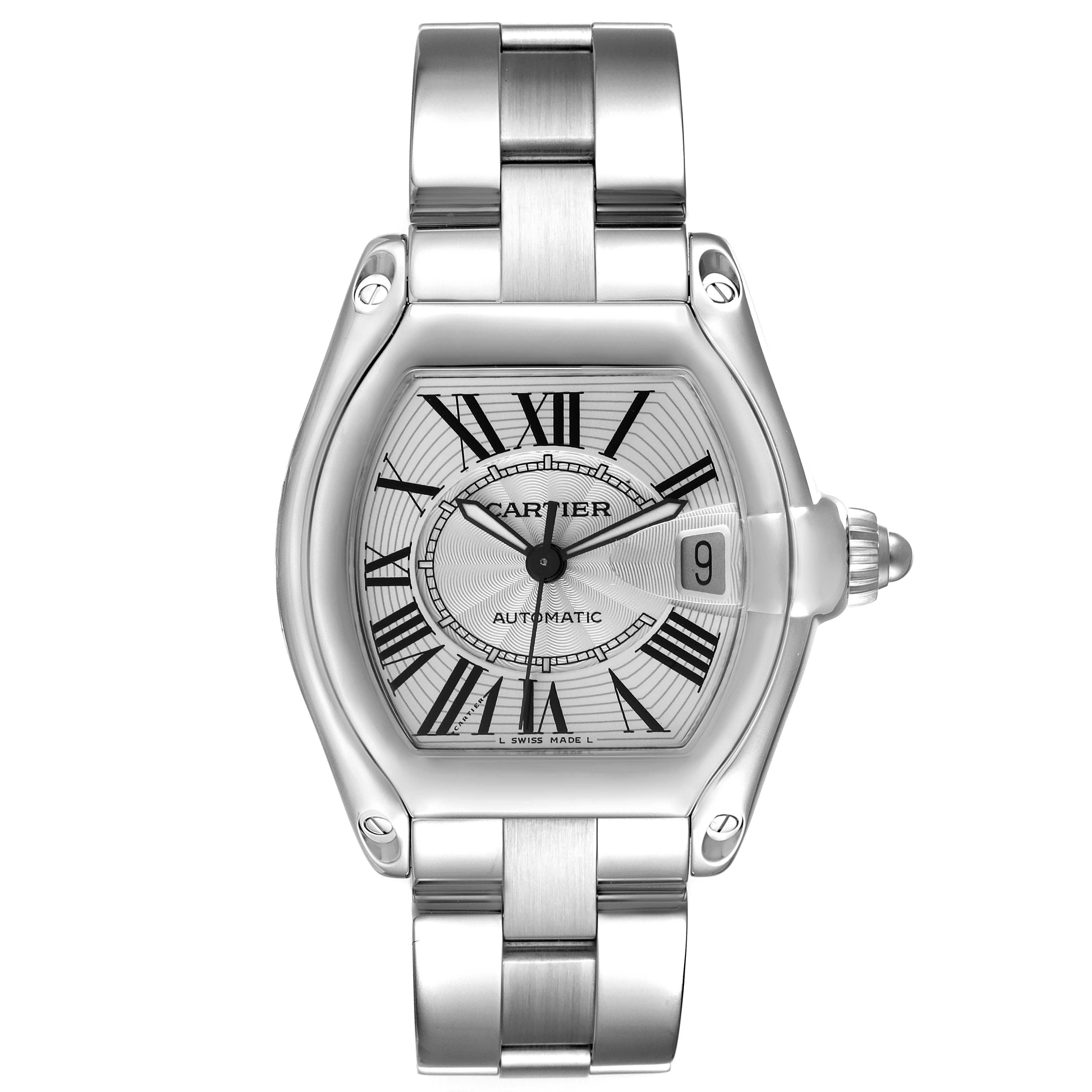 The image shows a full frontal view of the Roadster model by Cartier, highlighting the dial, hands, and bracelet.