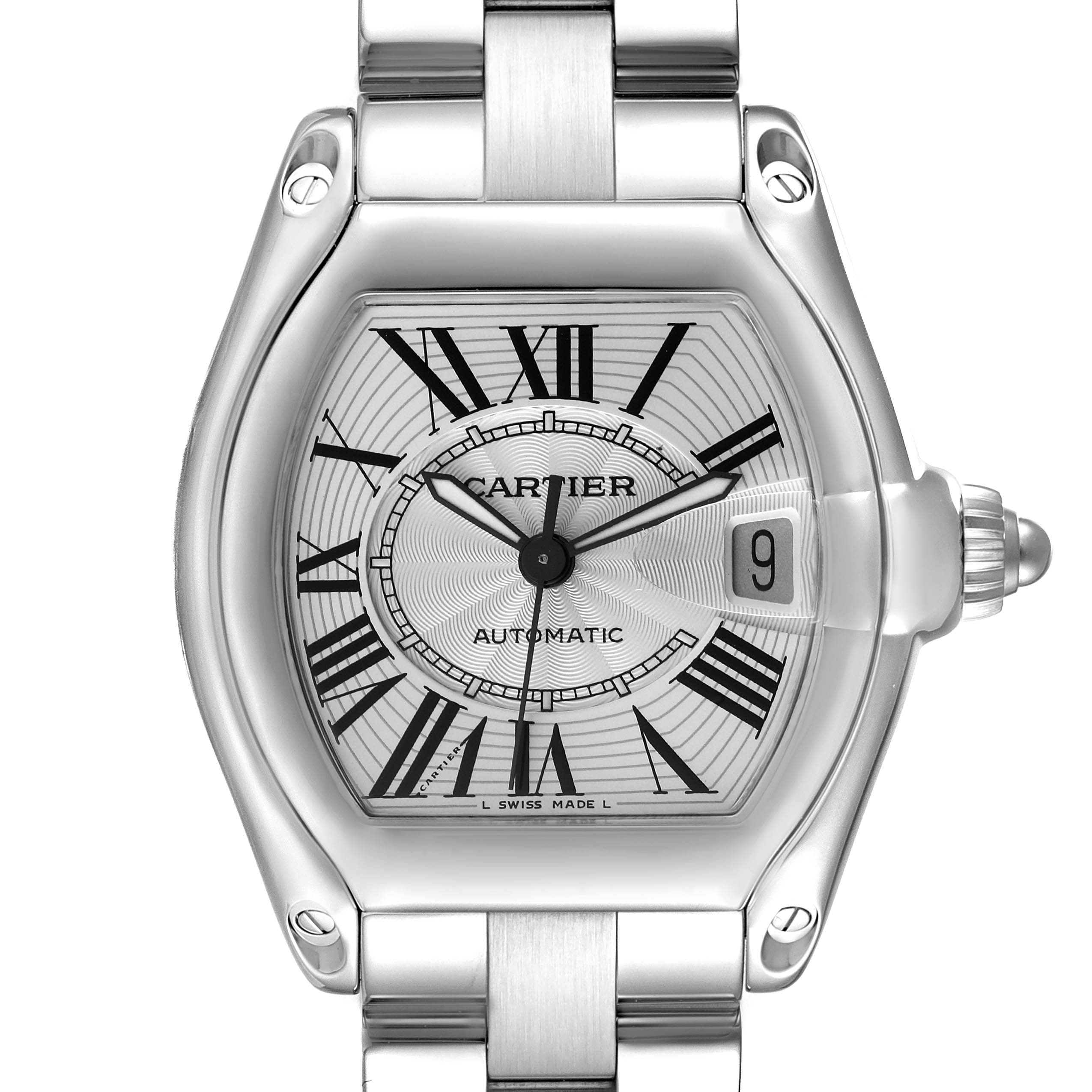 The image shows a front view of the Cartier Roadster W62025V3 Men's Stainless Steel Silver Dial W62025V3 Men's Stainless Steel Silver Dial watch, highlighting the face, bezel, and top of the bracelet.