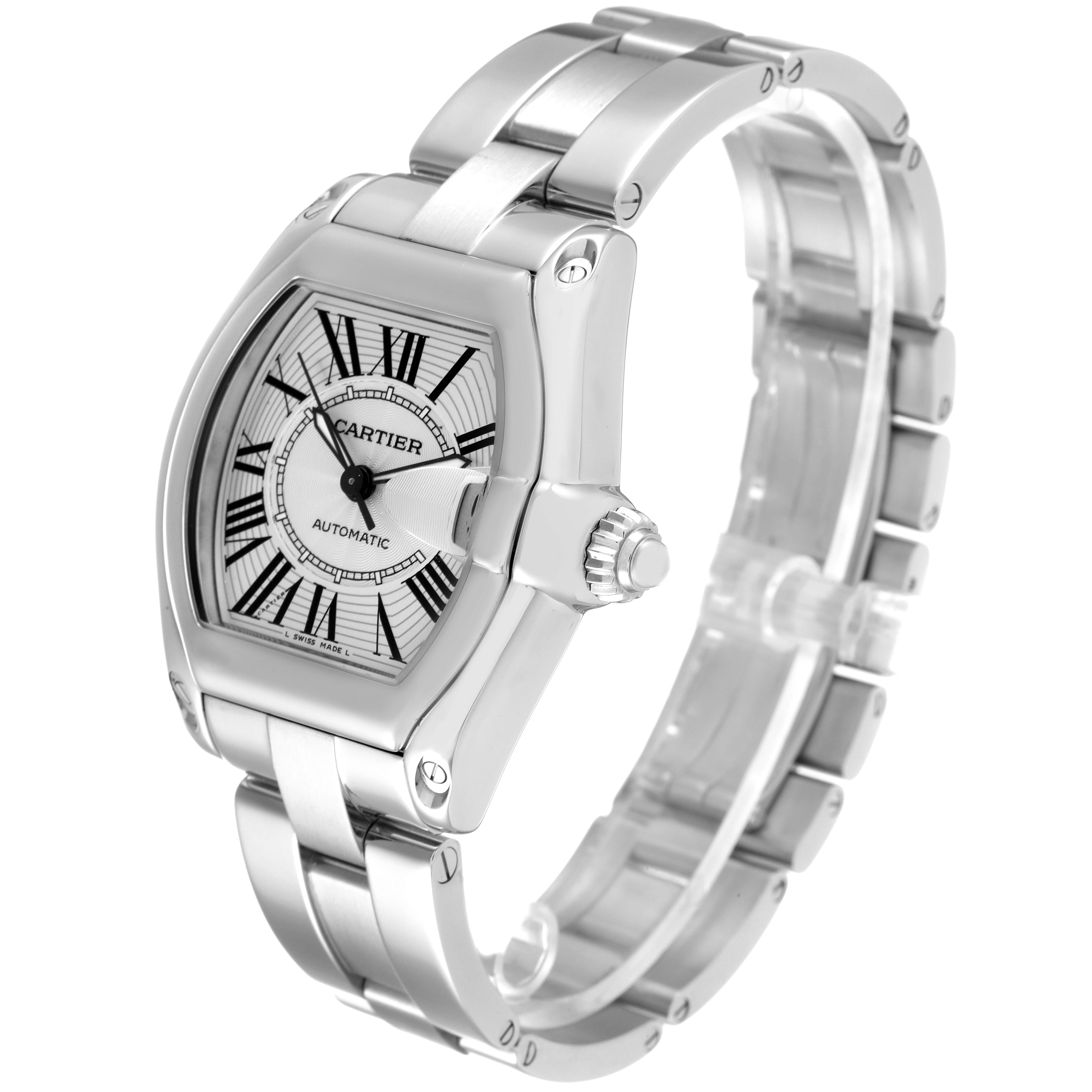 A Cartier Roadster W62025V3 Men's Stainless Steel Silver Dial W62025V3 Men's Stainless Steel Silver Dial watch is shown at an angled view highlighting its face, crown, and bracelet.