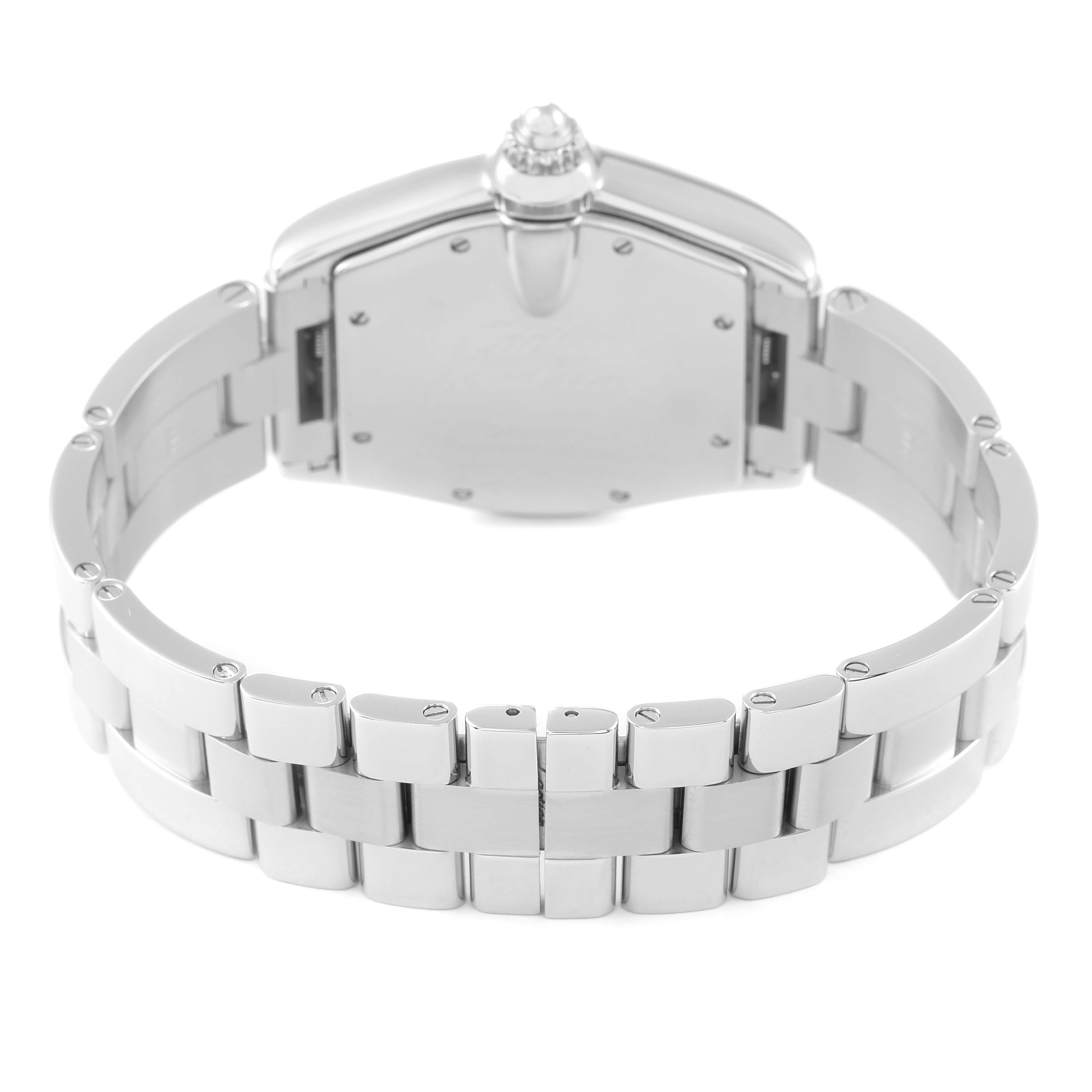 This image shows the rear view of the Cartier Roadster W62025V3 Men's Stainless Steel Silver Dial W62025V3 Men's Stainless Steel Silver Dial watch, focusing on the bracelet and back of the case.
