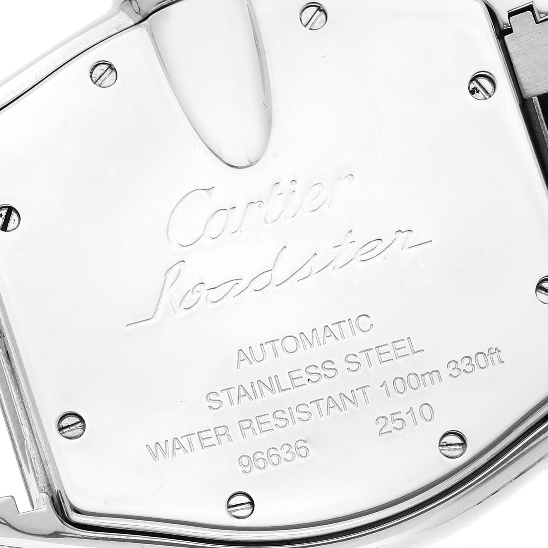 This image shows the back case of a Cartier Roadster W62025V3 Men's Stainless Steel Silver Dial W62025V3 Men's Stainless Steel Silver Dial watch, highlighting the engraved details and screws.