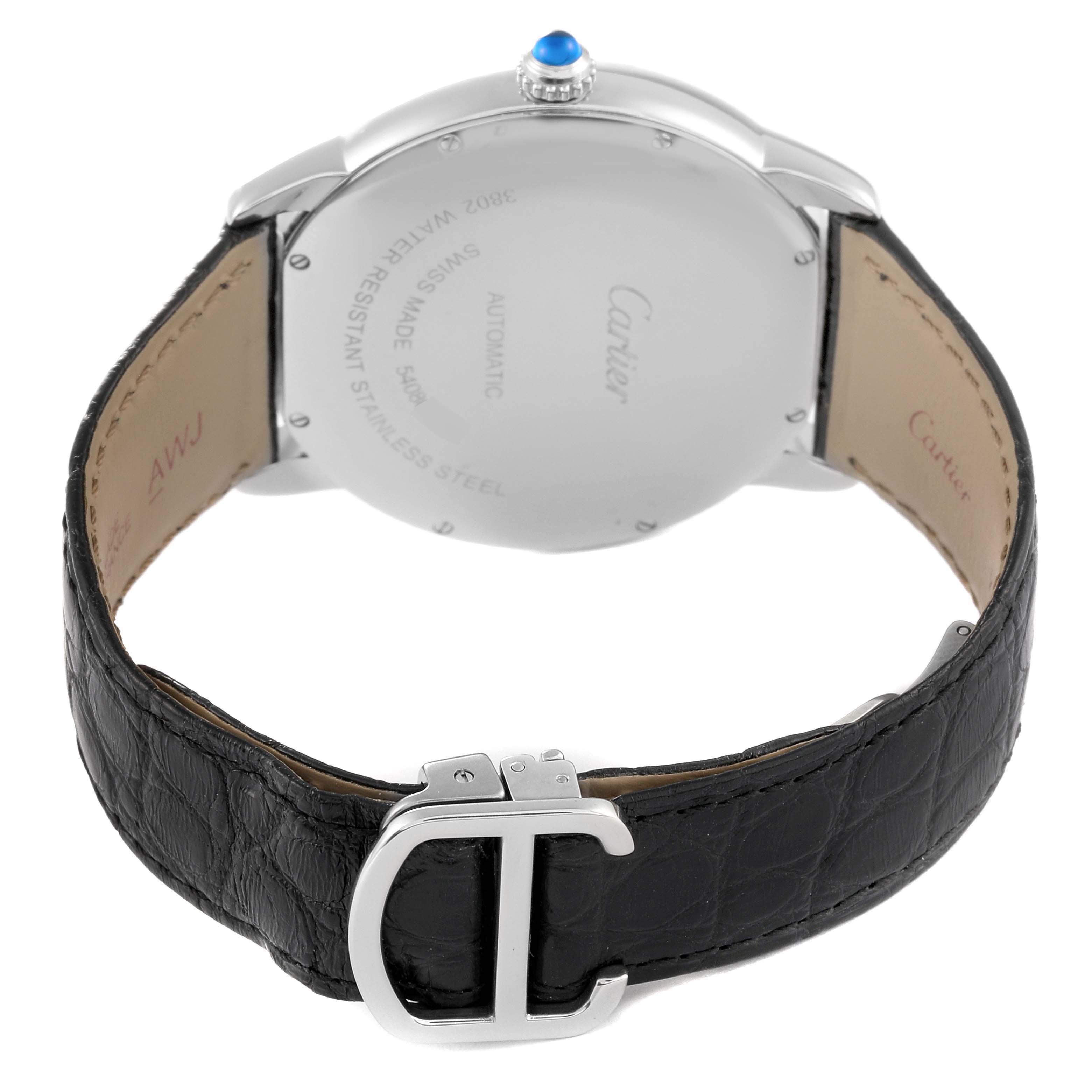 This image shows the back view of a Cartier Ronde W6701010 Men
s Stainless Steel Silver Dial W6701010 Men
s Stainless Steel Silver Dial watch highlighting the case back, crown, and leather strap with buckle.