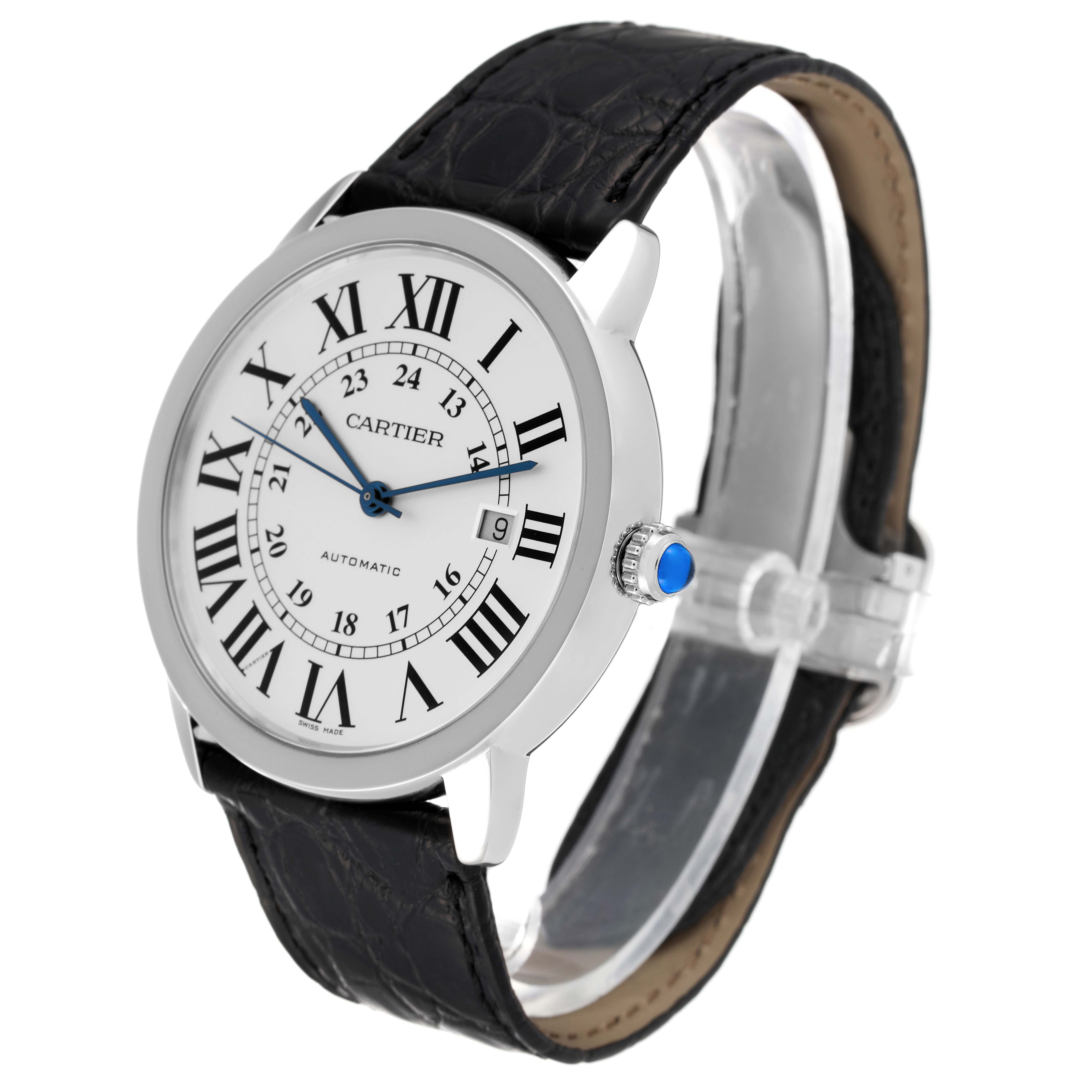 The Cartier Ronde W6701010 Men
s Stainless Steel Silver Dial W6701010 Men
s Stainless Steel Silver Dial watch is shown at a slight angle from the front, featuring the face, crown, and part of the black leather strap.