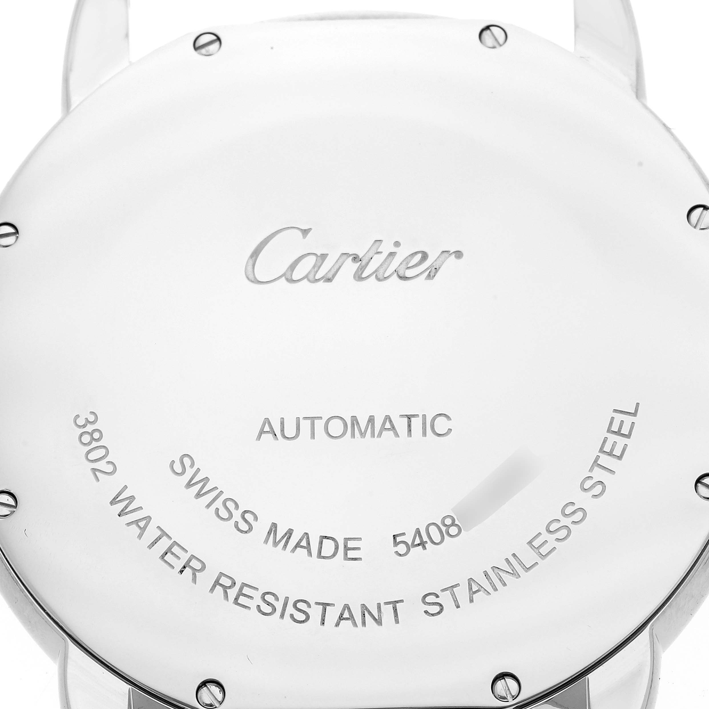 This image shows the back case of the Cartier Ronde W6701010 Men
s Stainless Steel Silver Dial W6701010 Men
s Stainless Steel Silver Dial model watch, displaying the brand, model, and specifications.