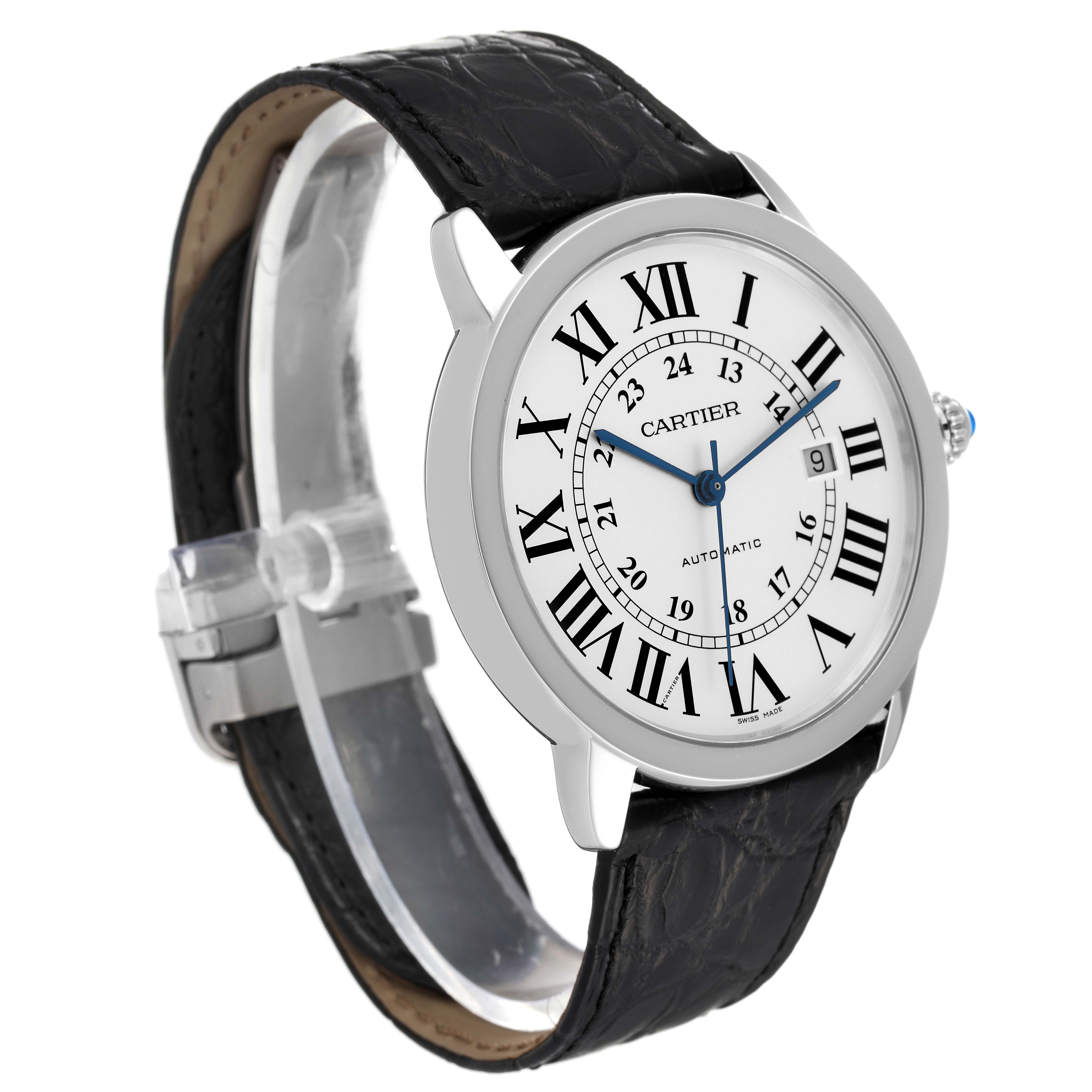 The Cartier Ronde W6701010 Men
s Stainless Steel Silver Dial W6701010 Men
s Stainless Steel Silver Dial watch is shown at an oblique angle, displaying its face, bezel, crown, and leather strap.