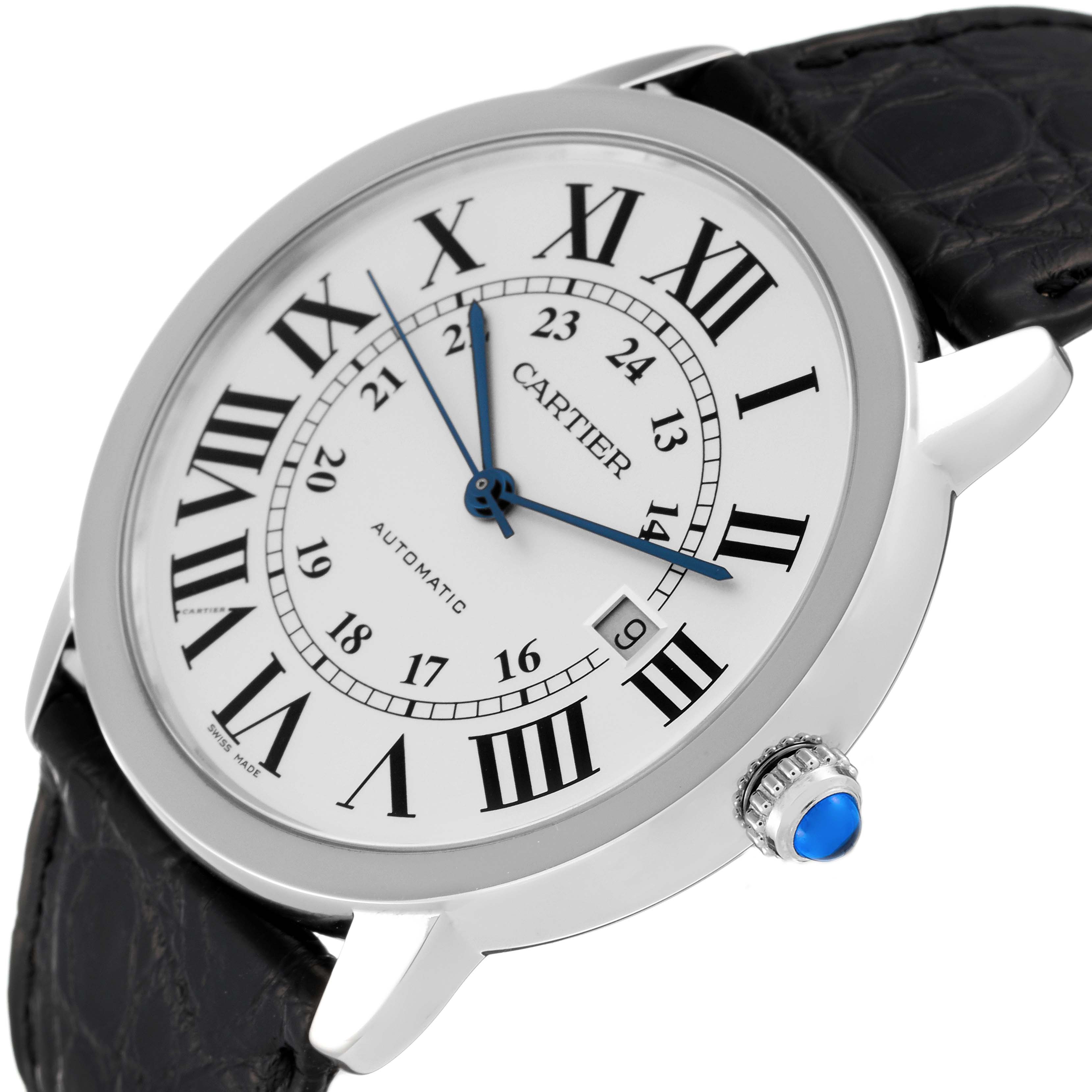 This image shows a slightly angled view of the Cartier Ronde W6701010 Men
s Stainless Steel Silver Dial W6701010 Men
s Stainless Steel Silver Dial watch, highlighting the dial, Roman numerals, blue hands, and crown with a blue cabochon.