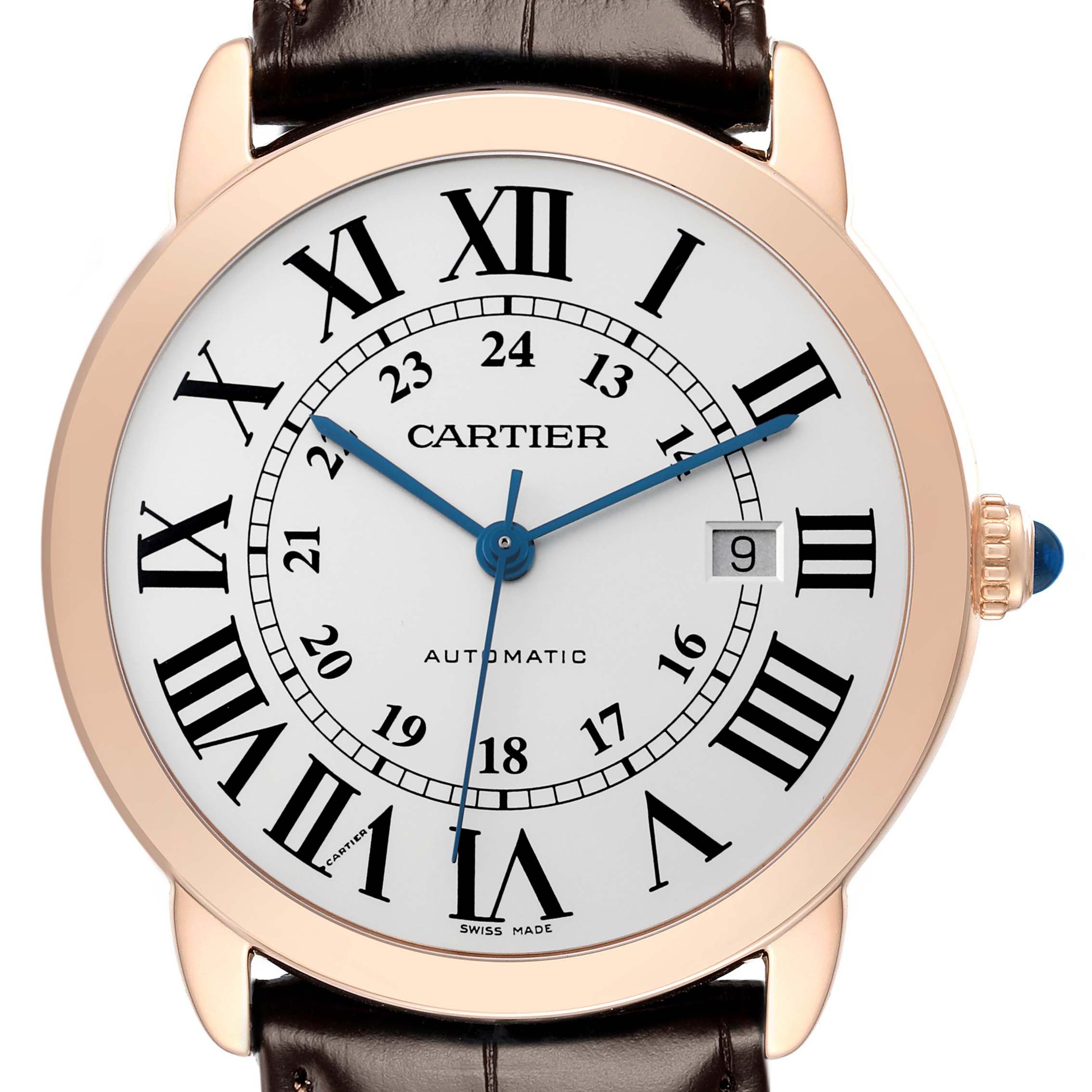 The Cartier Ronde W6701009 Men
s Rose Gold Silver Dial watch is shown from a front angle, displaying the face, Roman numerals, hands, and date window.