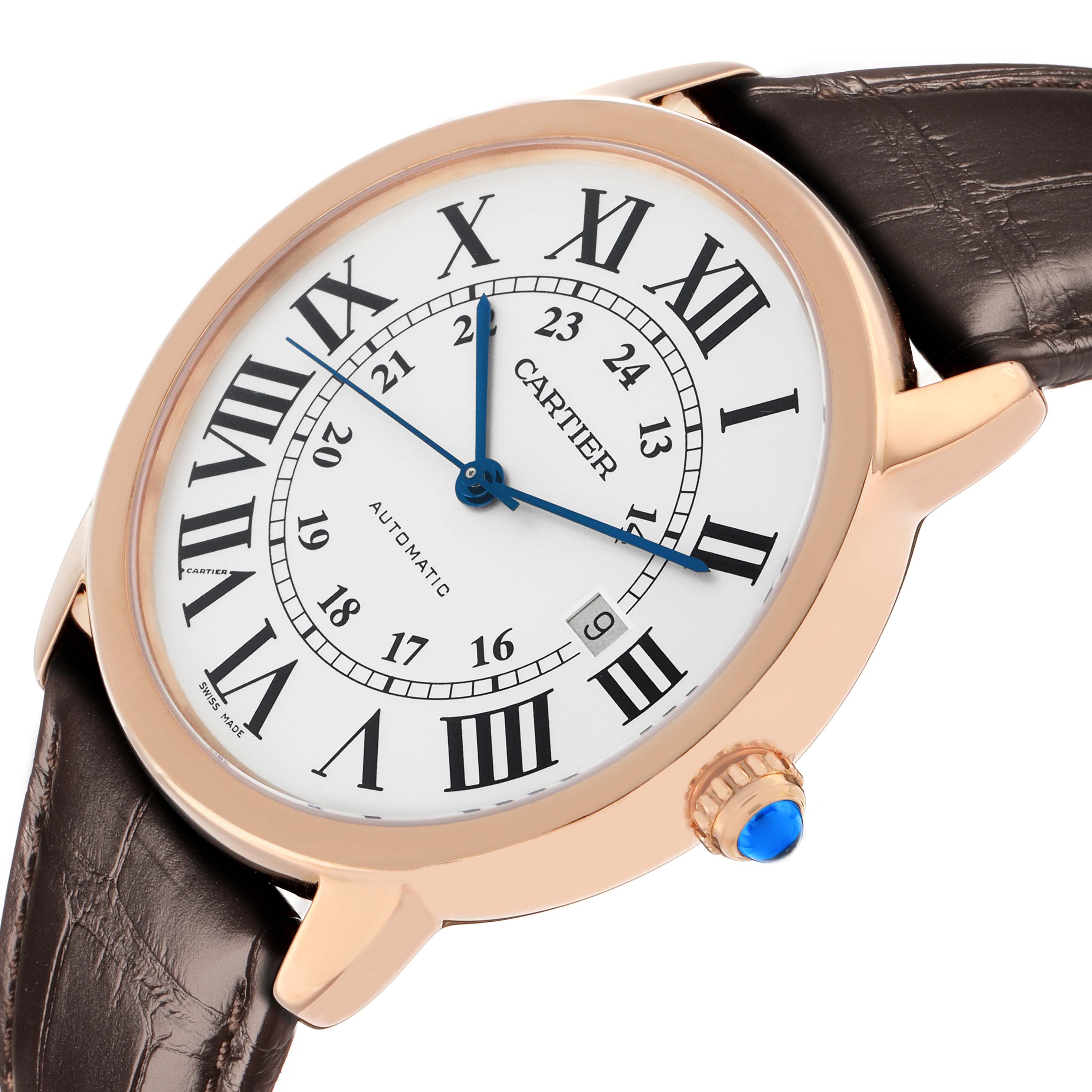 The Cartier Ronde W6701009 Men
s Rose Gold Silver Dial watch is shown at a slight side angle, highlighting the dial, roman numerals, blue hands, and crown with a blue jewel.