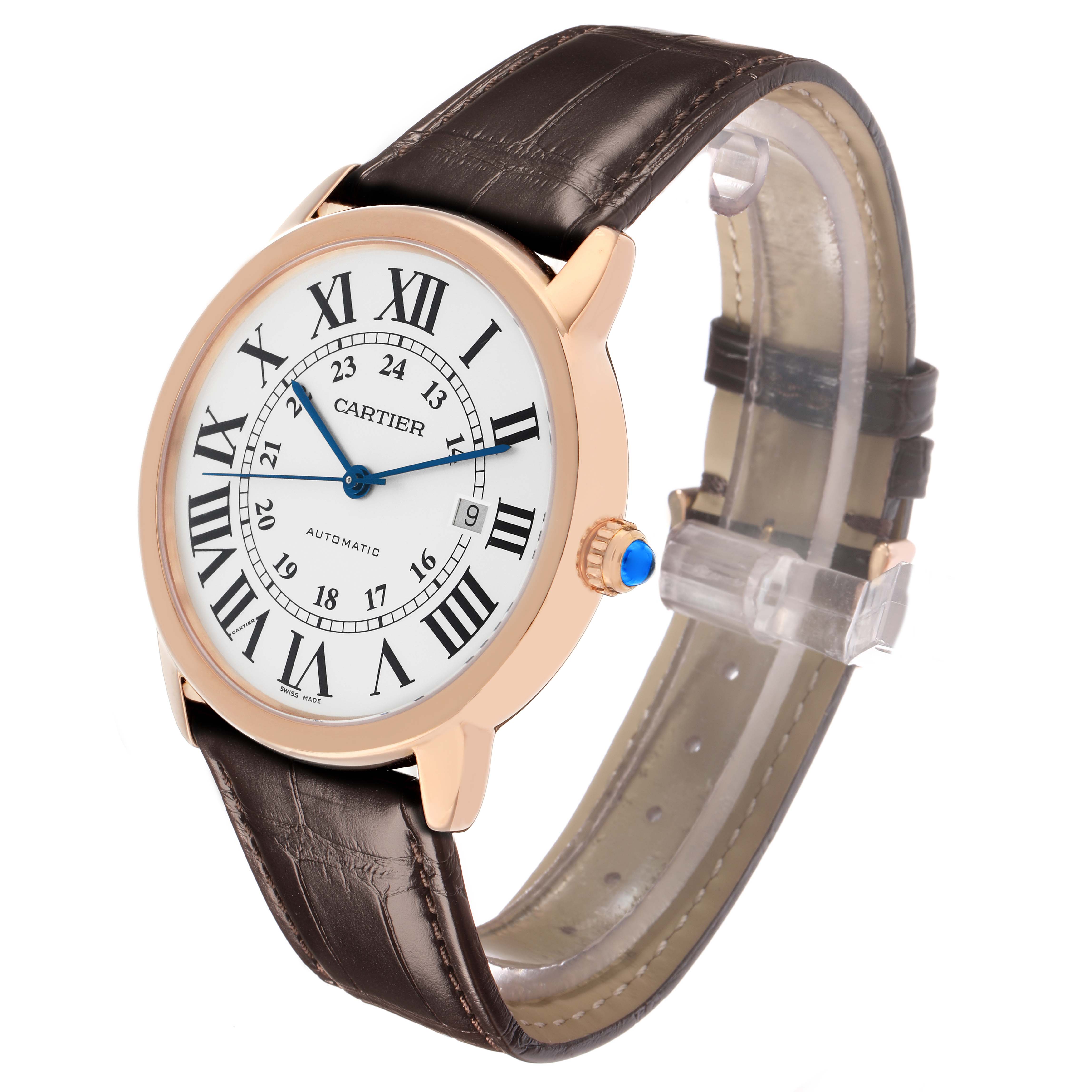 The Cartier Ronde W6701009 Men
s Rose Gold Silver Dial watch is shown at a 3/4 angle, highlighting the face, bezel, and crown, with a clear view of the leather strap.