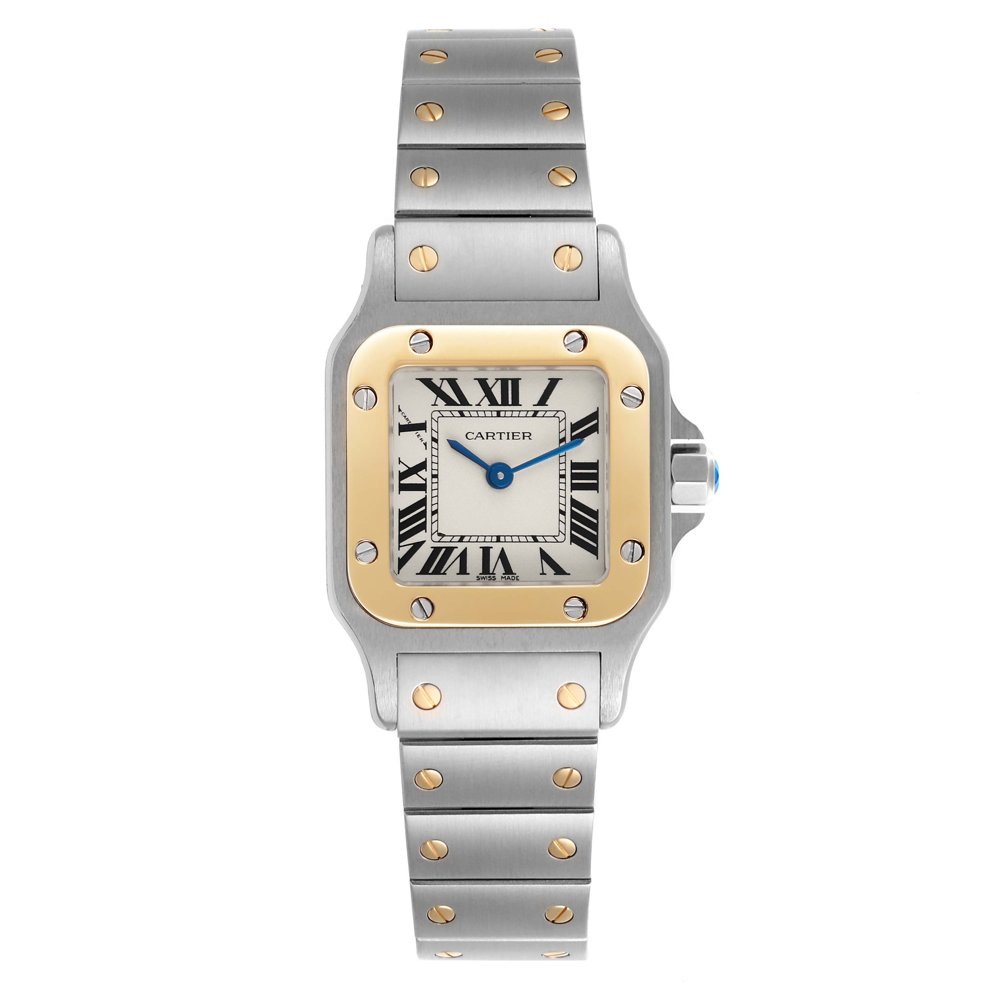 The Cartier Santos W20012C4 Women's Steel and Gold (two tone) Silver Dial W20012C4 Women's Steel and Gold (two tone) Silver Dial watch is shown from the front, displaying the face, bezel, case, and bracelet.