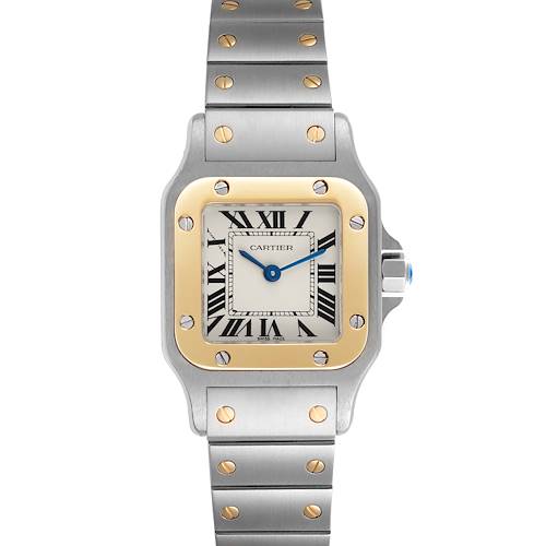 The Cartier Santos watch is shown from the front, highlighting the face, bezel, and bracelet.