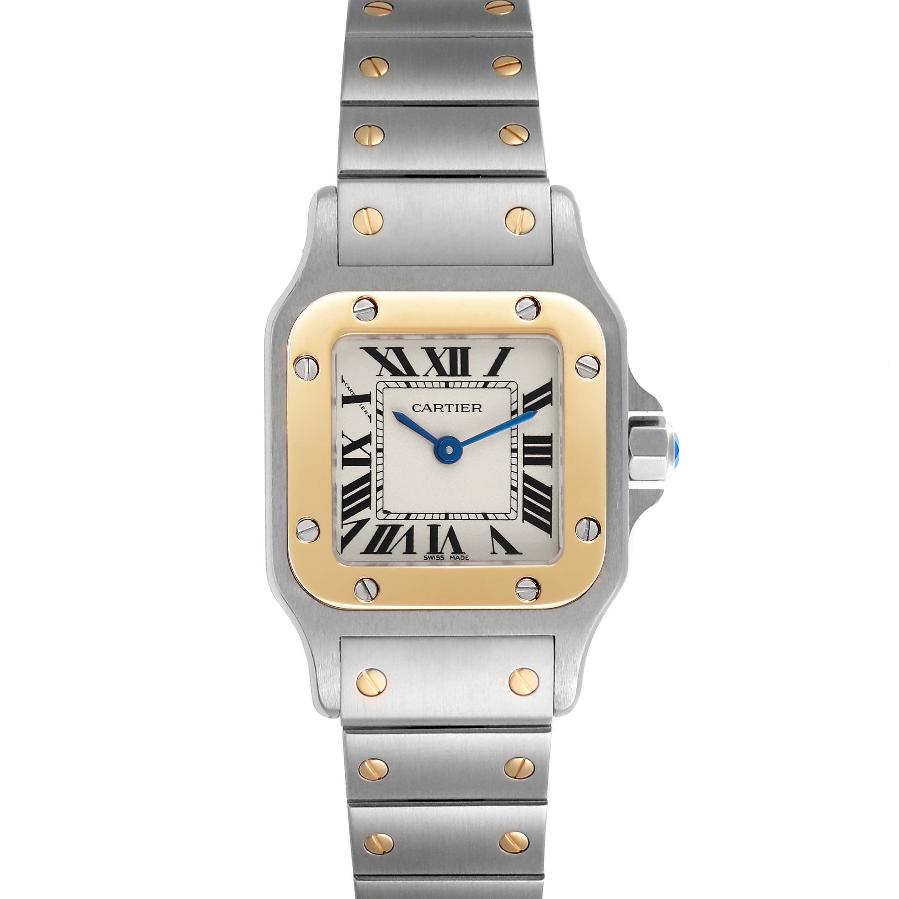 The Cartier Santos W20012C4 Women's Steel and Gold (two tone) Silver Dial W20012C4 Women's Steel and Gold (two tone) Silver Dial watch is shown from the front, highlighting the bezel, dial, and bracelet.