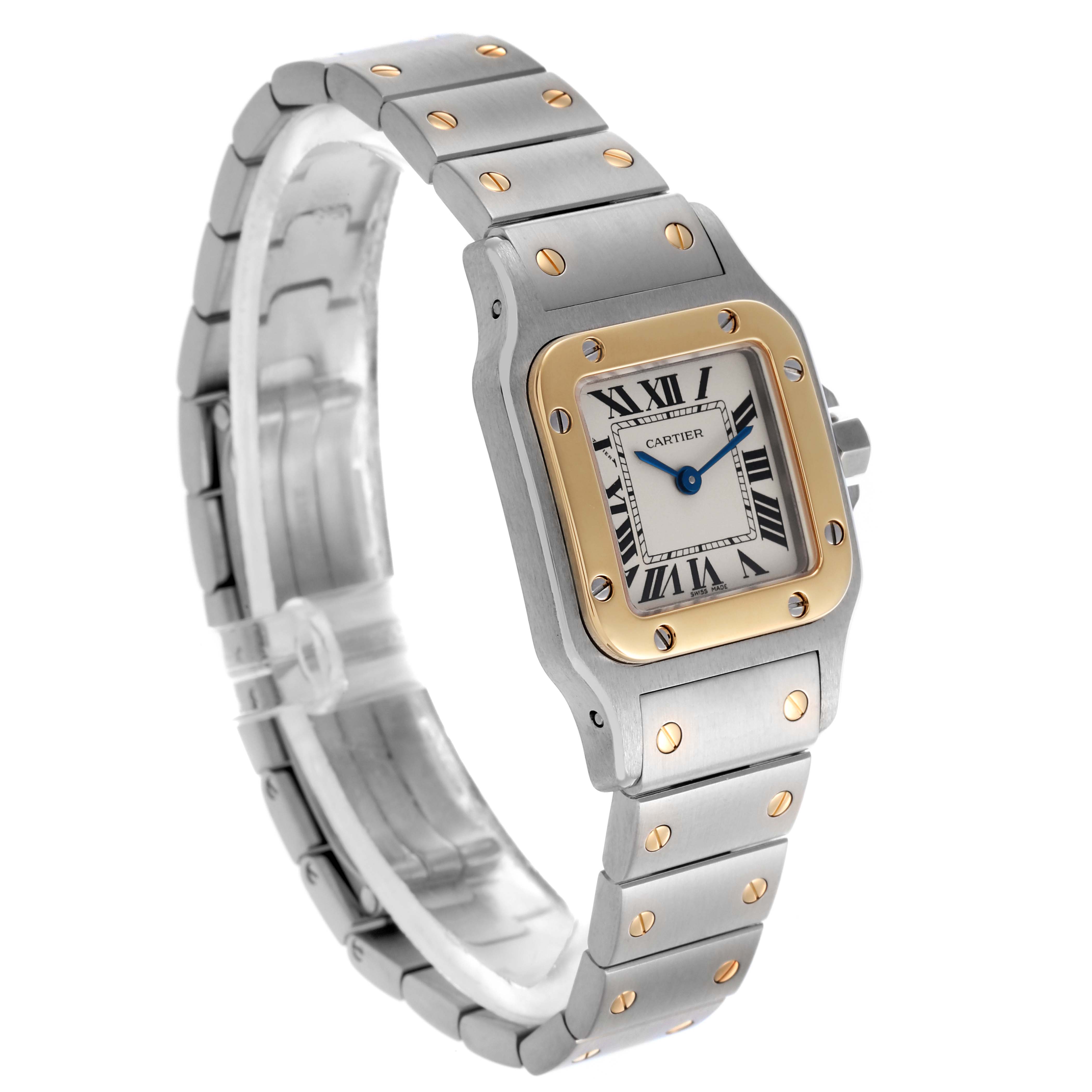 The Cartier Santos W20012C4 Women's Steel and Gold (two tone) Silver Dial W20012C4 Women's Steel and Gold (two tone) Silver Dial watch is shown in a three-quarter angle, highlighting the face, bezel, and bracelet.