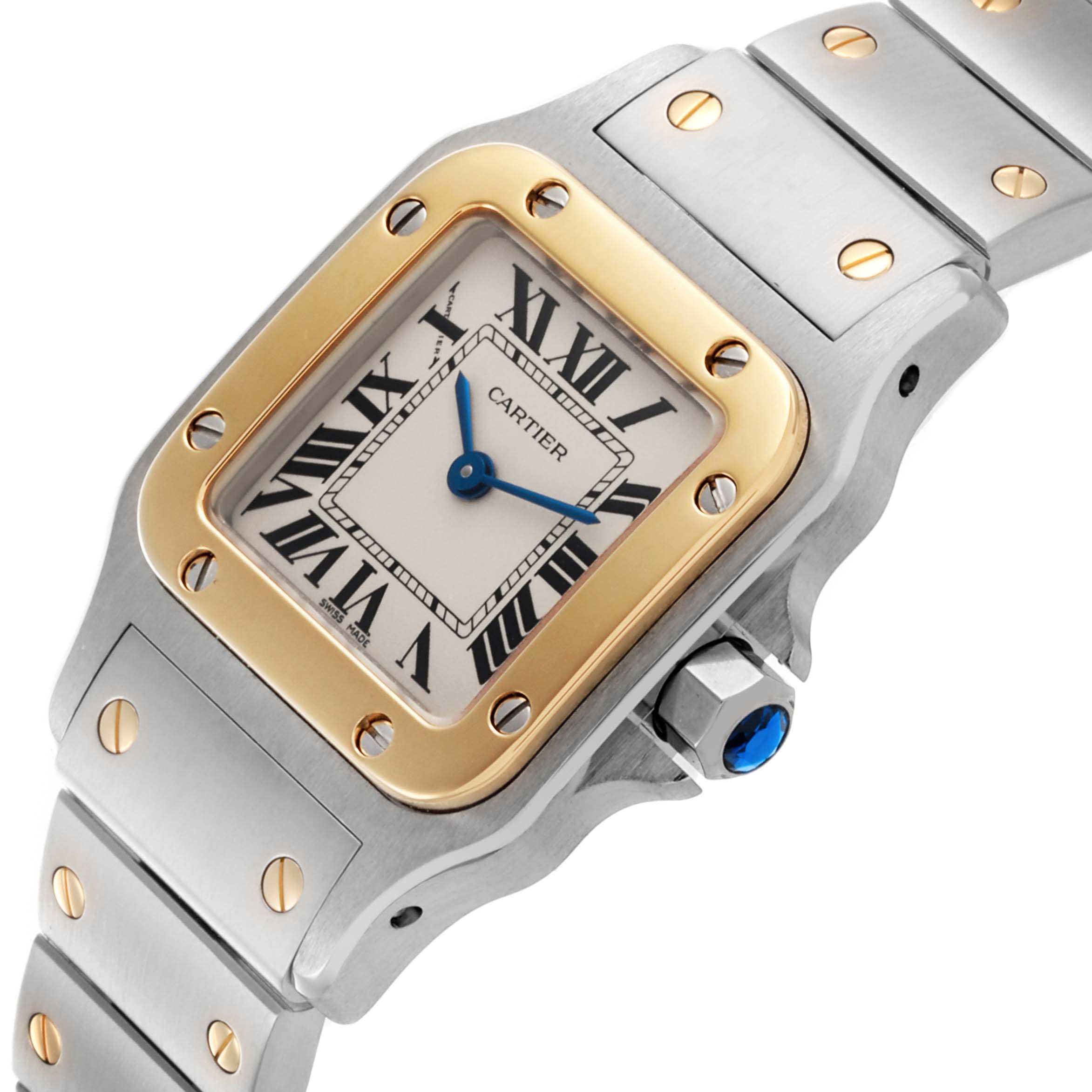 The Cartier Santos W20012C4 Women's Steel and Gold (two tone) Silver Dial W20012C4 Women's Steel and Gold (two tone) Silver Dial watch is shown at a tilted angle, highlighting the dial, case, and part of the bracelet.