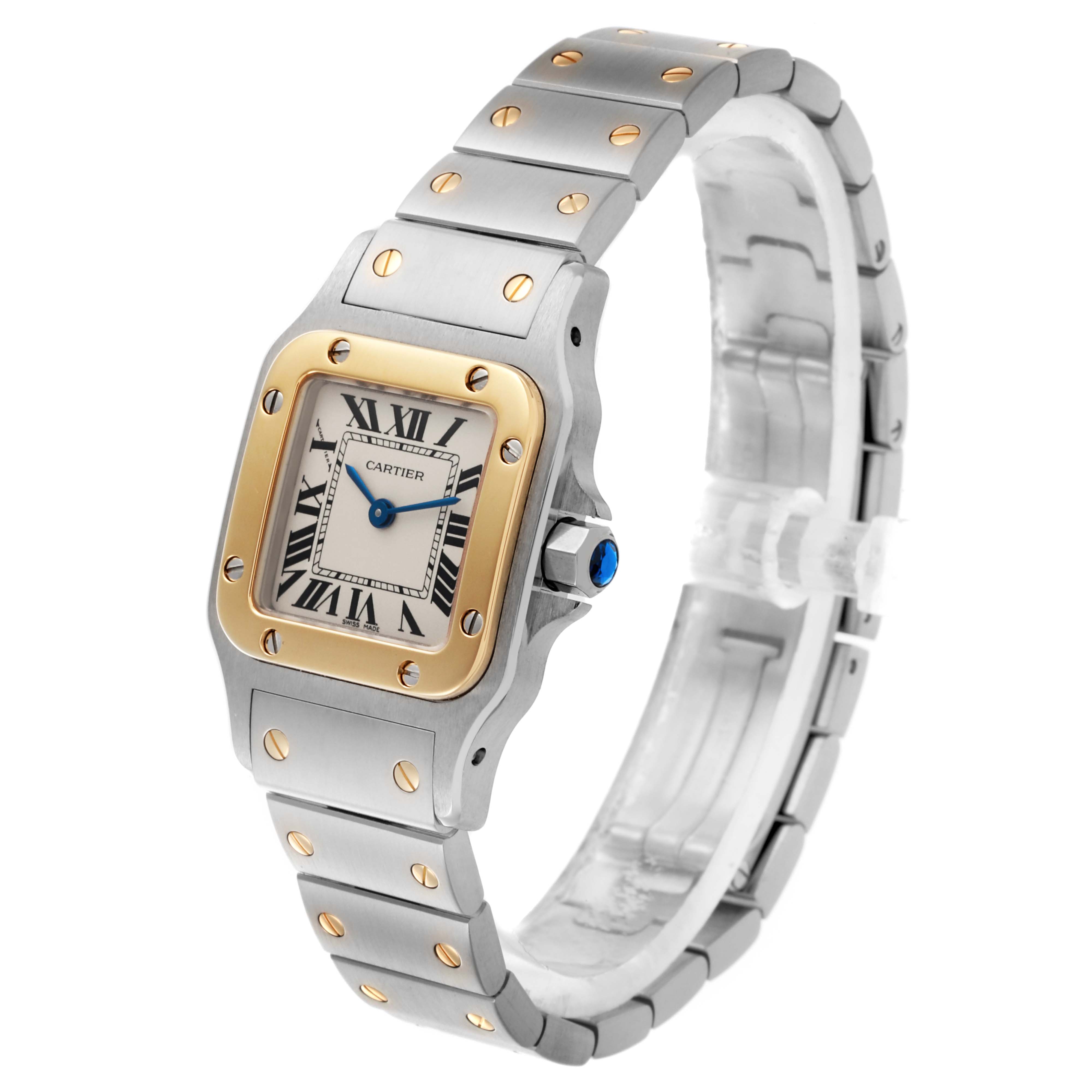 The image shows a Cartier Santos W20012C4 Women's Steel and Gold (two tone) Silver Dial W20012C4 Women's Steel and Gold (two tone) Silver Dial watch at a three-quarter angle, highlighting the face, bezel, and bracelet.