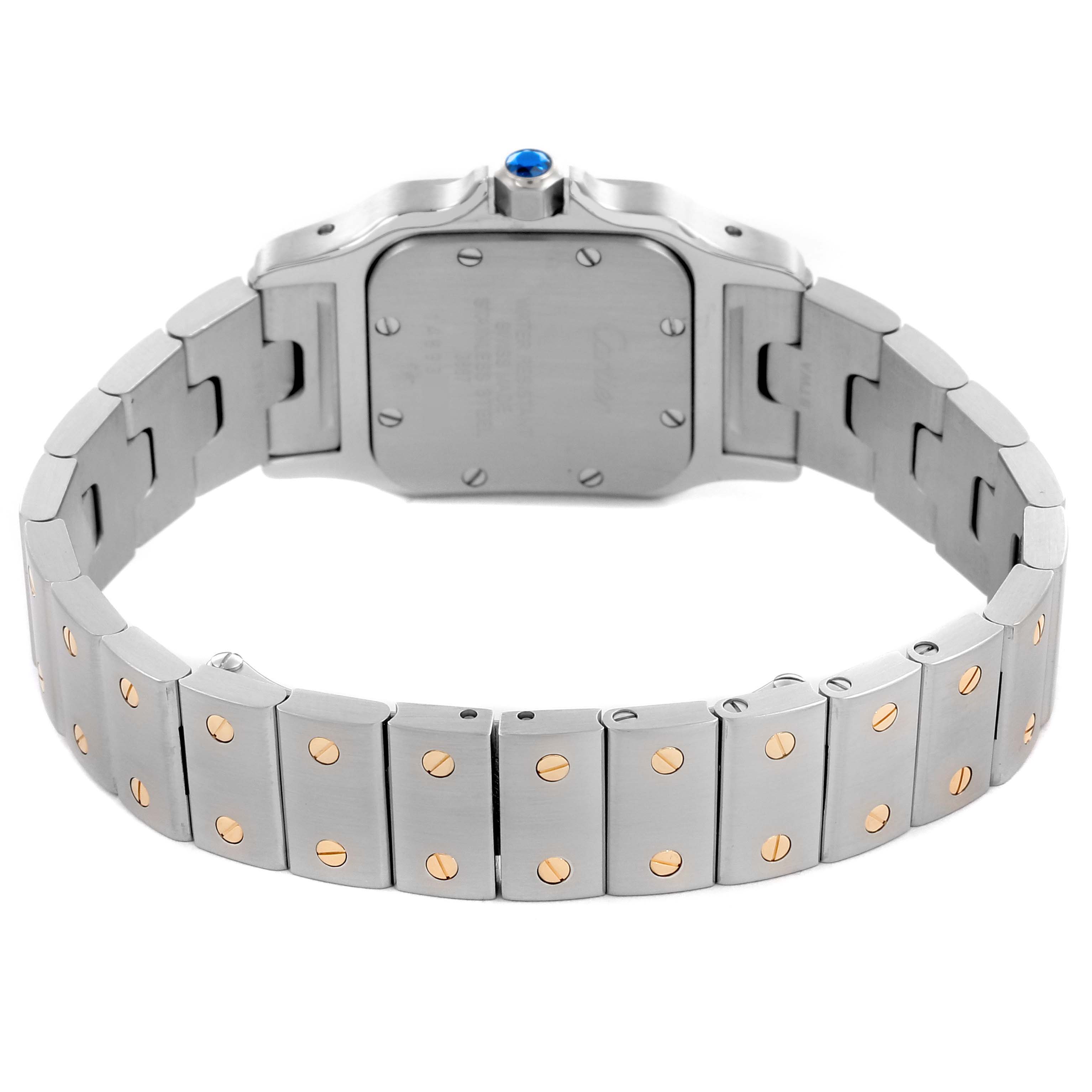 The image shows the back case and bracelet of the Cartier Santos W20012C4 Women's Steel and Gold (two tone) Silver Dial W20012C4 Women's Steel and Gold (two tone) Silver Dial watch, highlighting its metal links.
