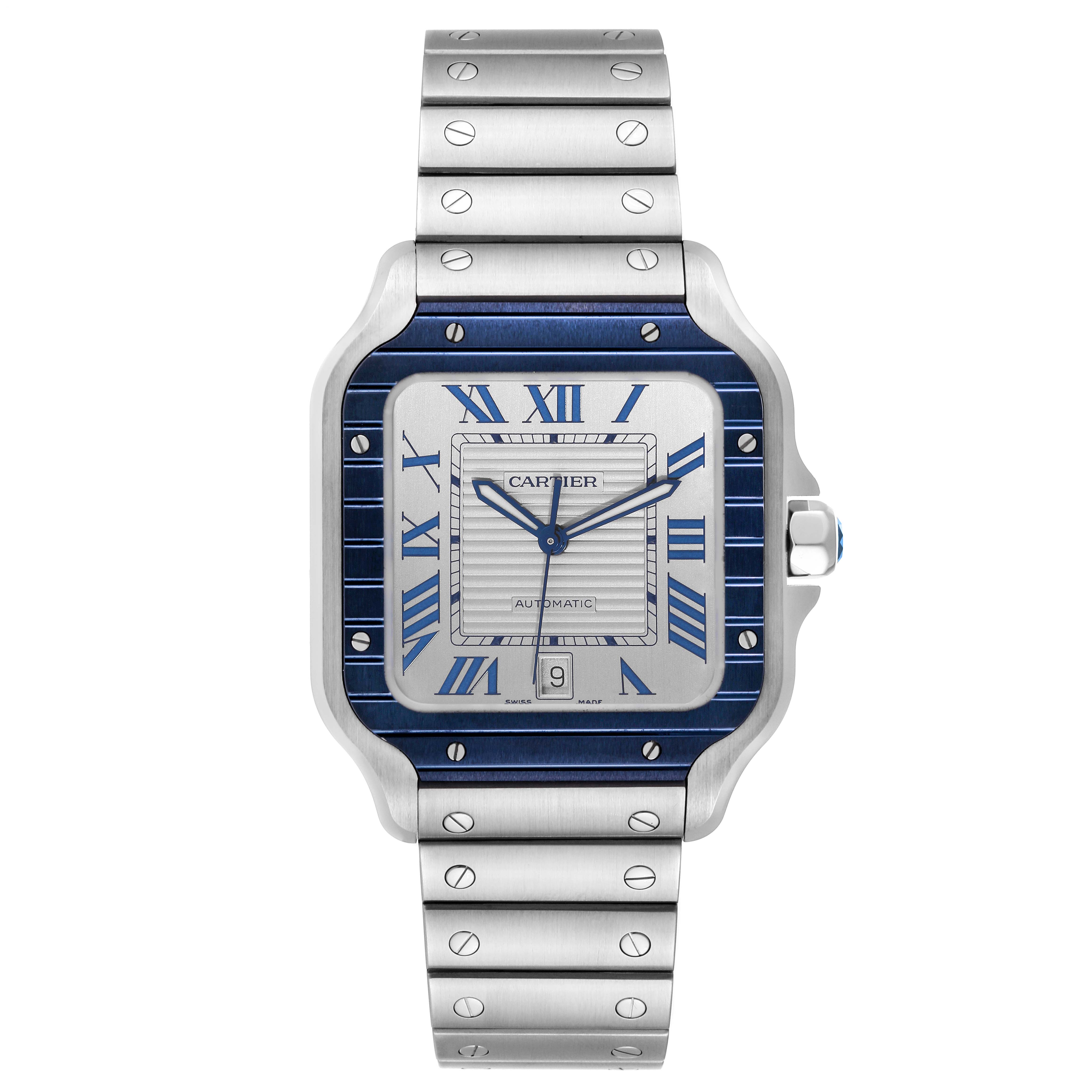 The image displays a Santos model watch by Cartier, showcasing its face, bezel, and metal bracelet from a top-down angle.