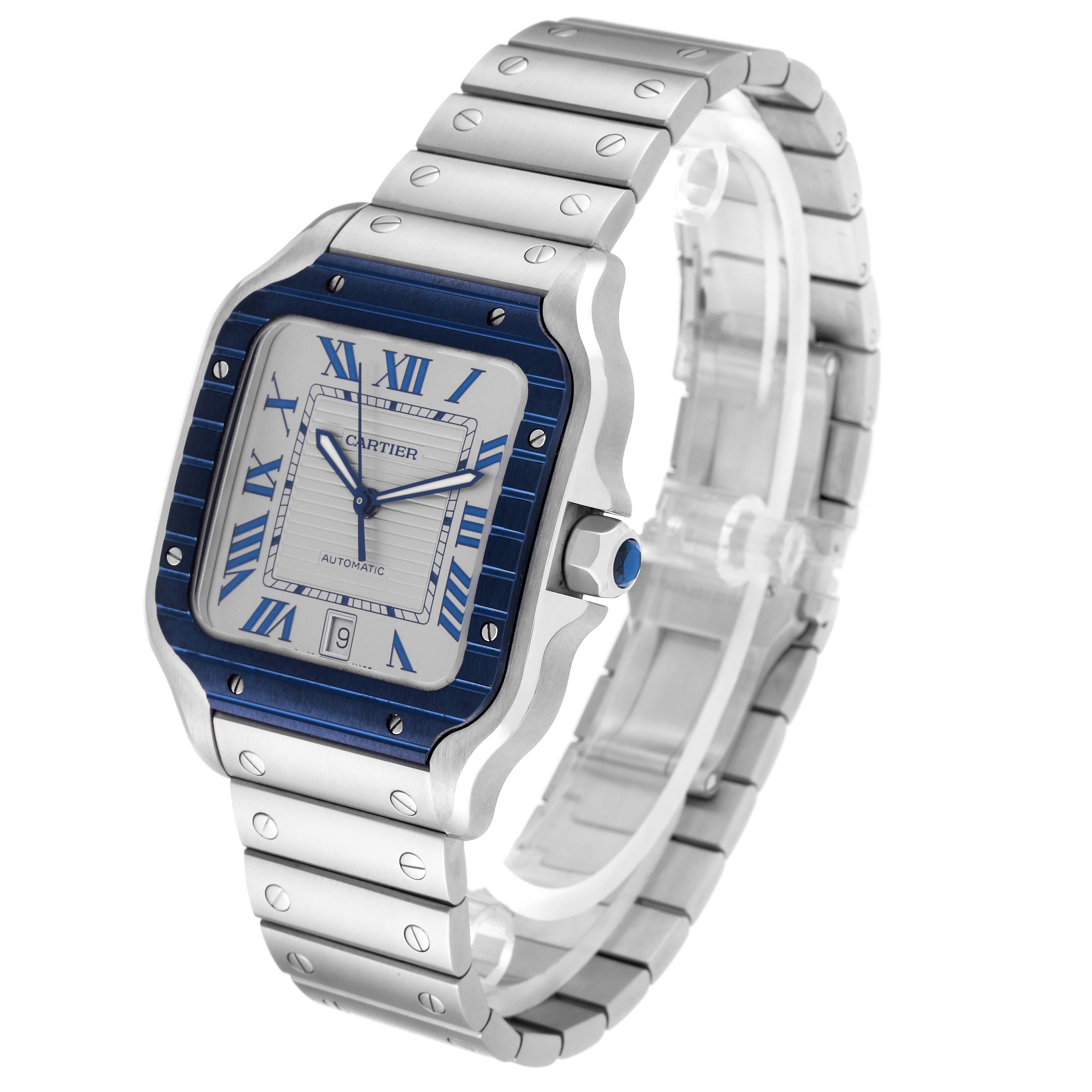 The image shows a Santos model watch by Cartier at a three-quarter angle highlighting the face, bezel, and partial bracelet.