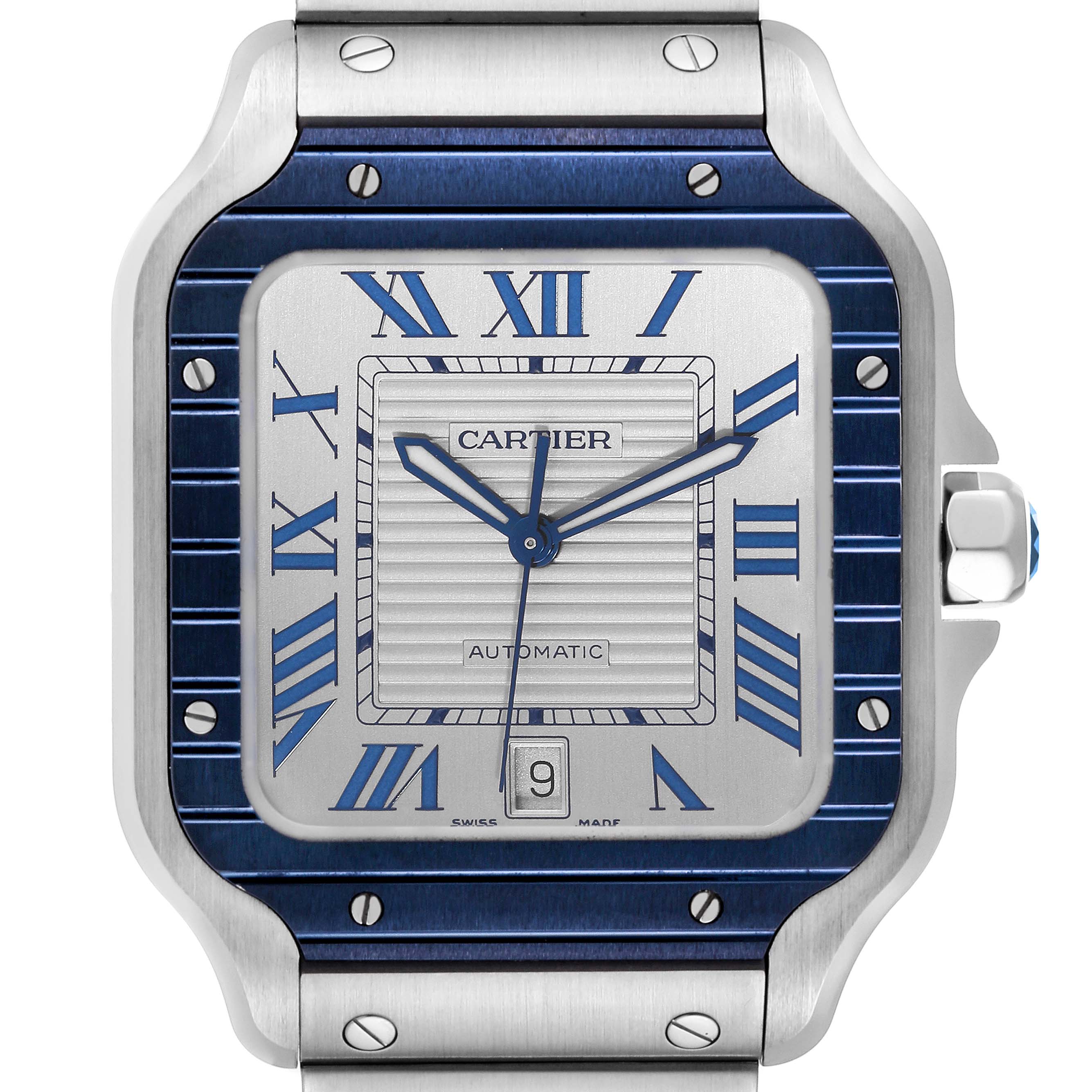 The image shows a frontal view of the Cartier Santos WSSA0047 Men
s Stainless Steel Silver Dial WSSA0047 Men
s Stainless Steel Silver Dial watch, displaying its square face, bezel, dial, and crown.