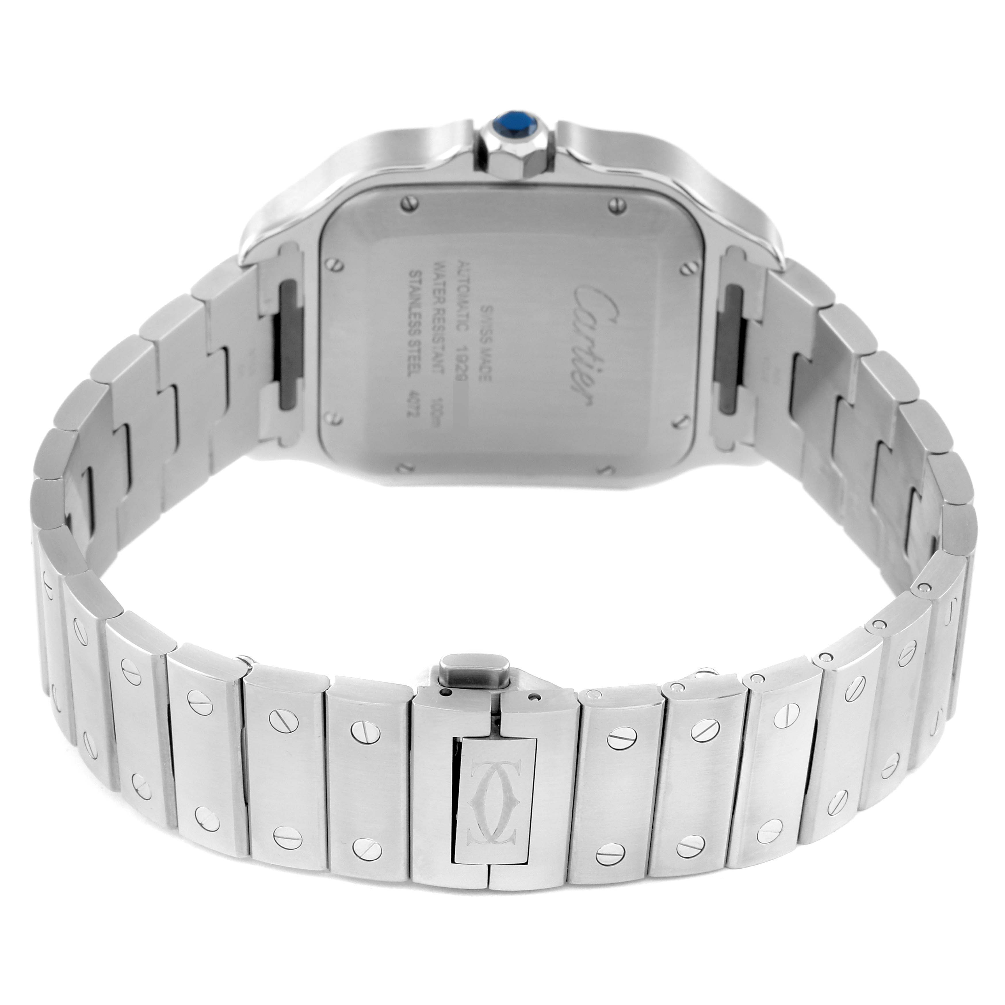 The image shows the back view of the Cartier Santos WSSA0047 Men
s Stainless Steel Silver Dial WSSA0047 Men
s Stainless Steel Silver Dial watch, focusing on the case back, bracelet, and clasp.