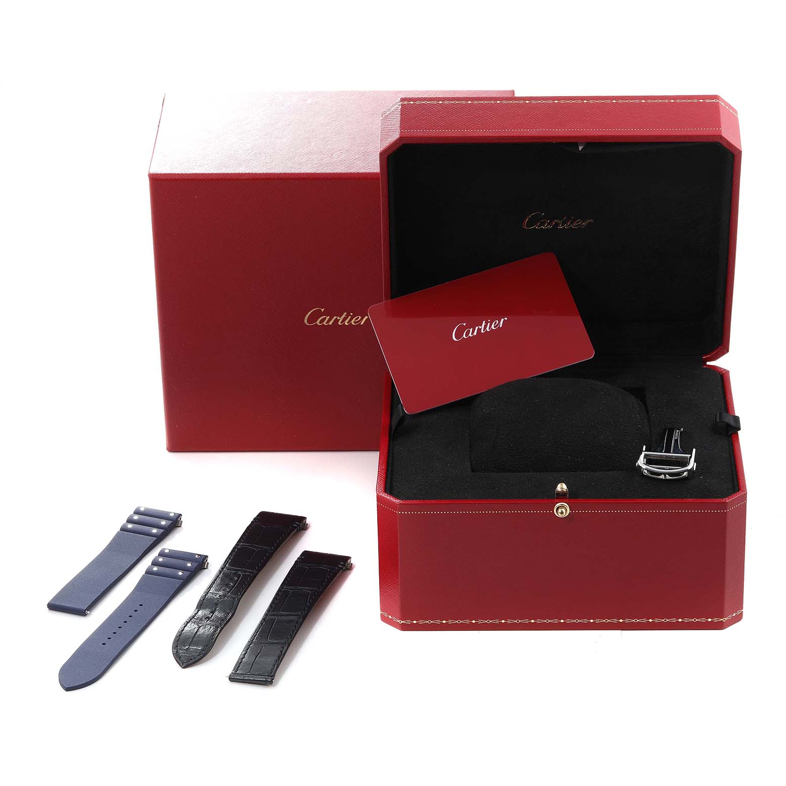 The image shows a Cartier Santos WSSA0047 Men
s Stainless Steel Silver Dial WSSA0047 Men
s Stainless Steel Silver Dial watch box set with extra straps and an open cardholder.