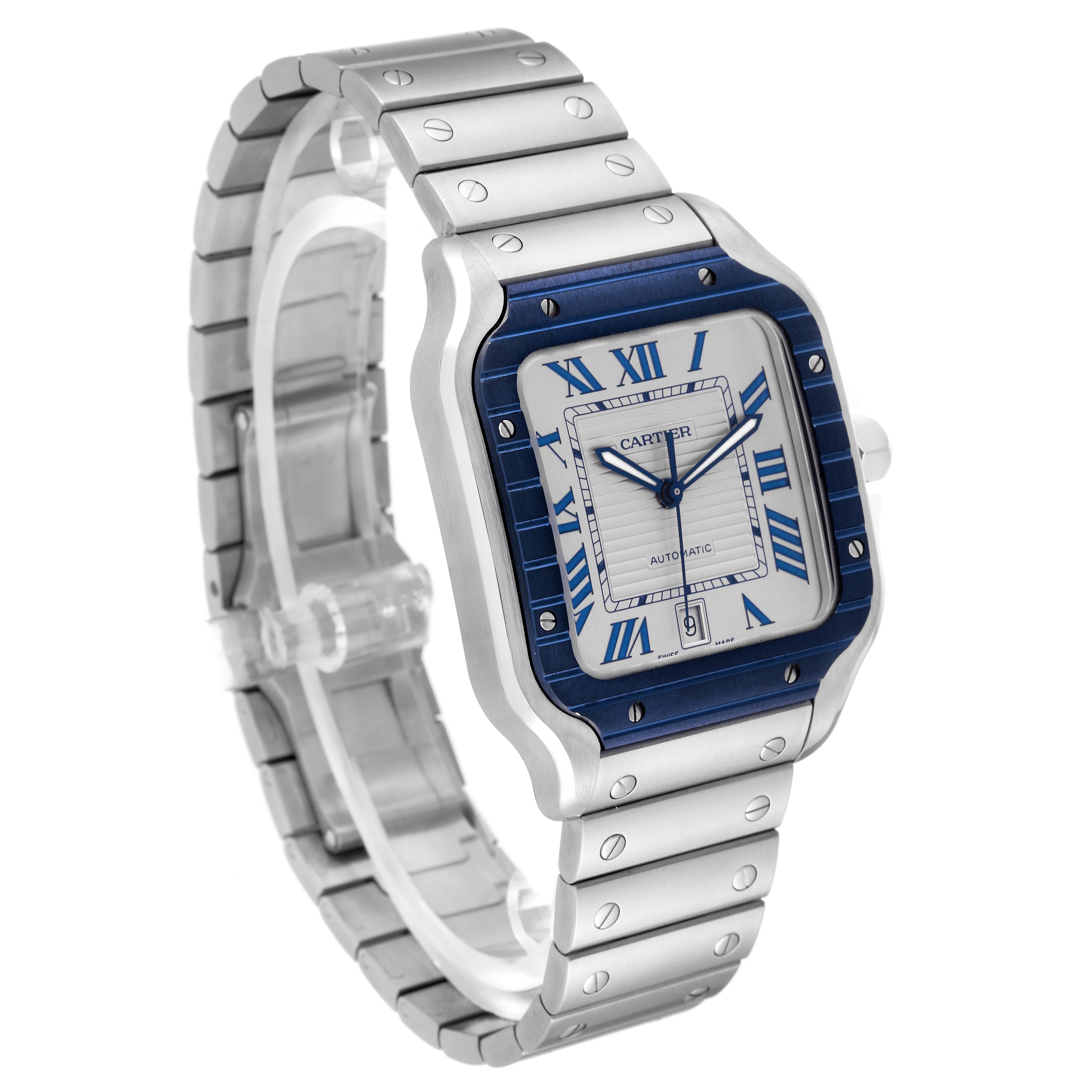 This image shows a Cartier Santos WSSA0047 Men
s Stainless Steel Silver Dial WSSA0047 Men
s Stainless Steel Silver Dial watch angled to display the face, bezel, crown, and metallic band.