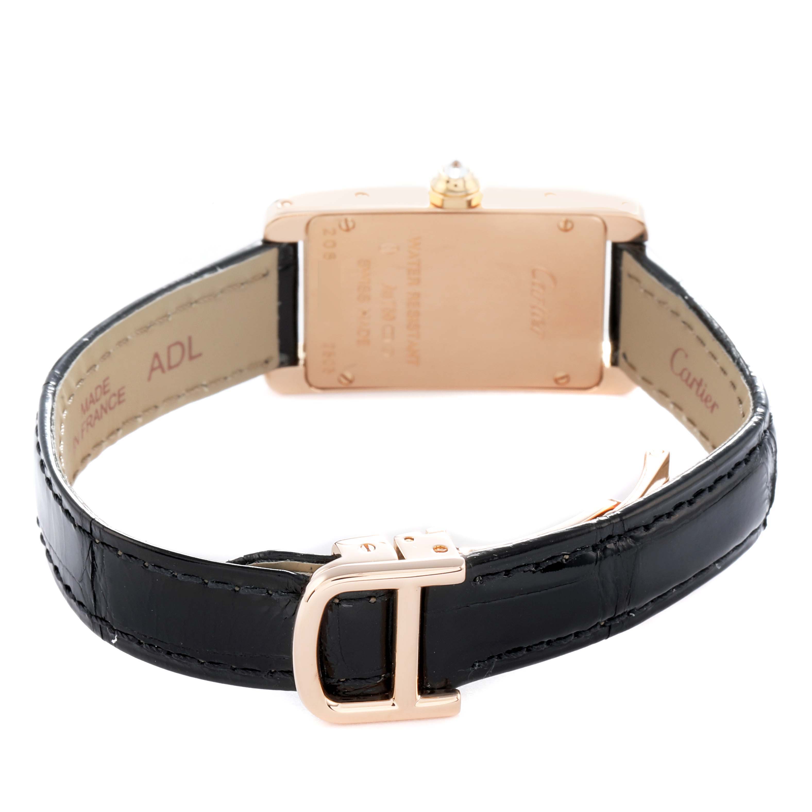 The image shows the back and strap of the Cartier Tank Americaine WJTA0002 Women
s Rose Gold Silver Dial, highlighting the clasp and case back.