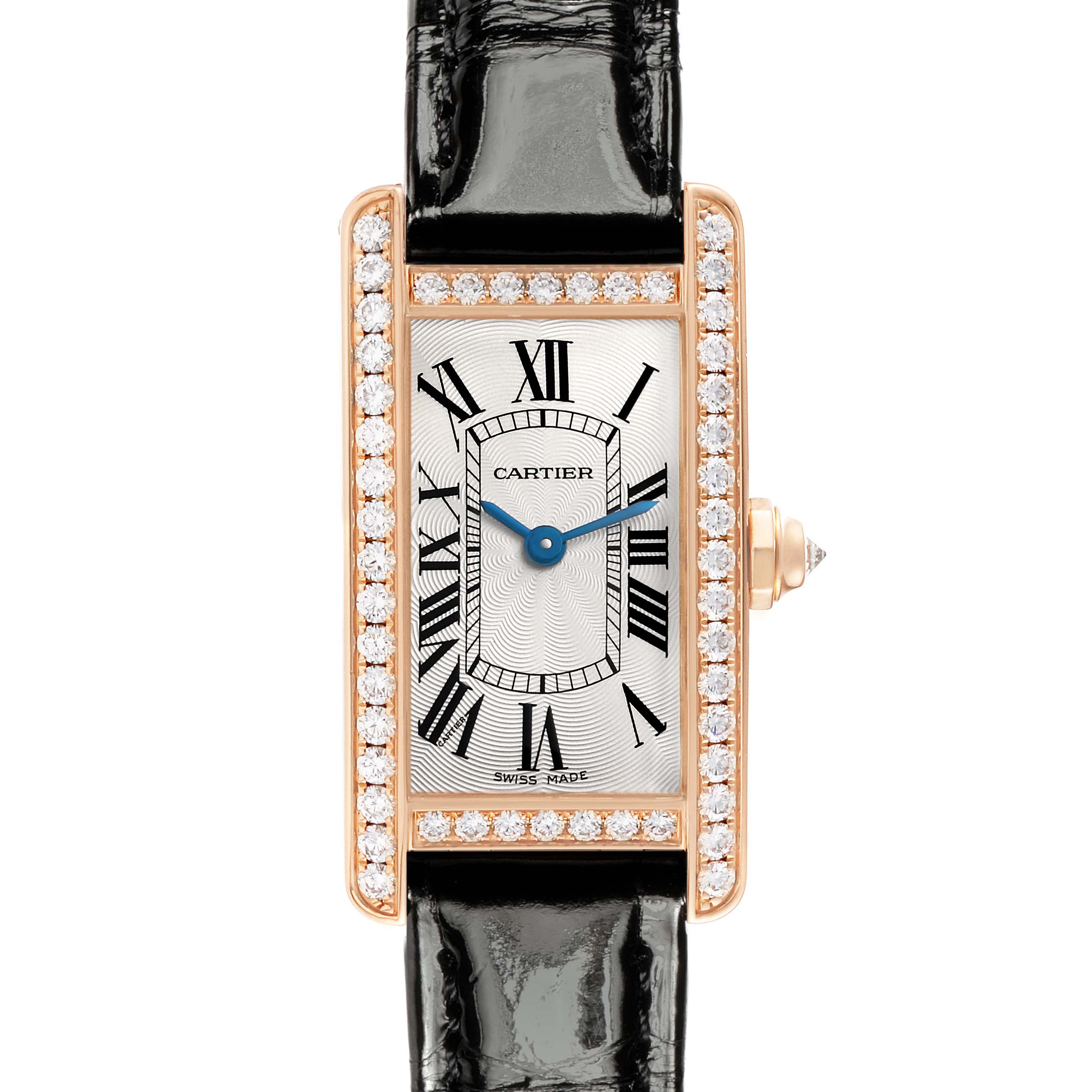 The Cartier Tank Americaine WJTA0002 Women
s Rose Gold Silver Dial watch is shown from a top view, highlighting the rectangular face, Roman numerals, and diamond-set bezel.