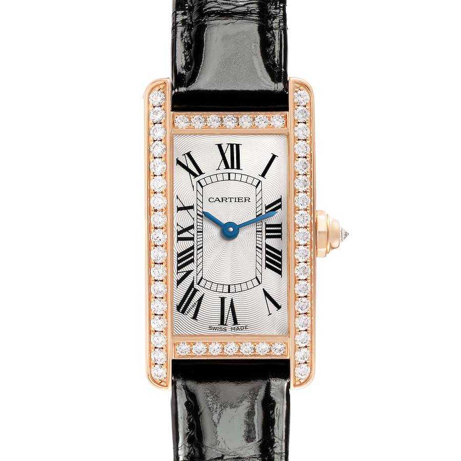 The Cartier Tank Americaine WJTA0002 Women's Rose Gold Silver Dial watch is shown from a top view, highlighting the rectangular face, Roman numerals, and diamond-set bezel.