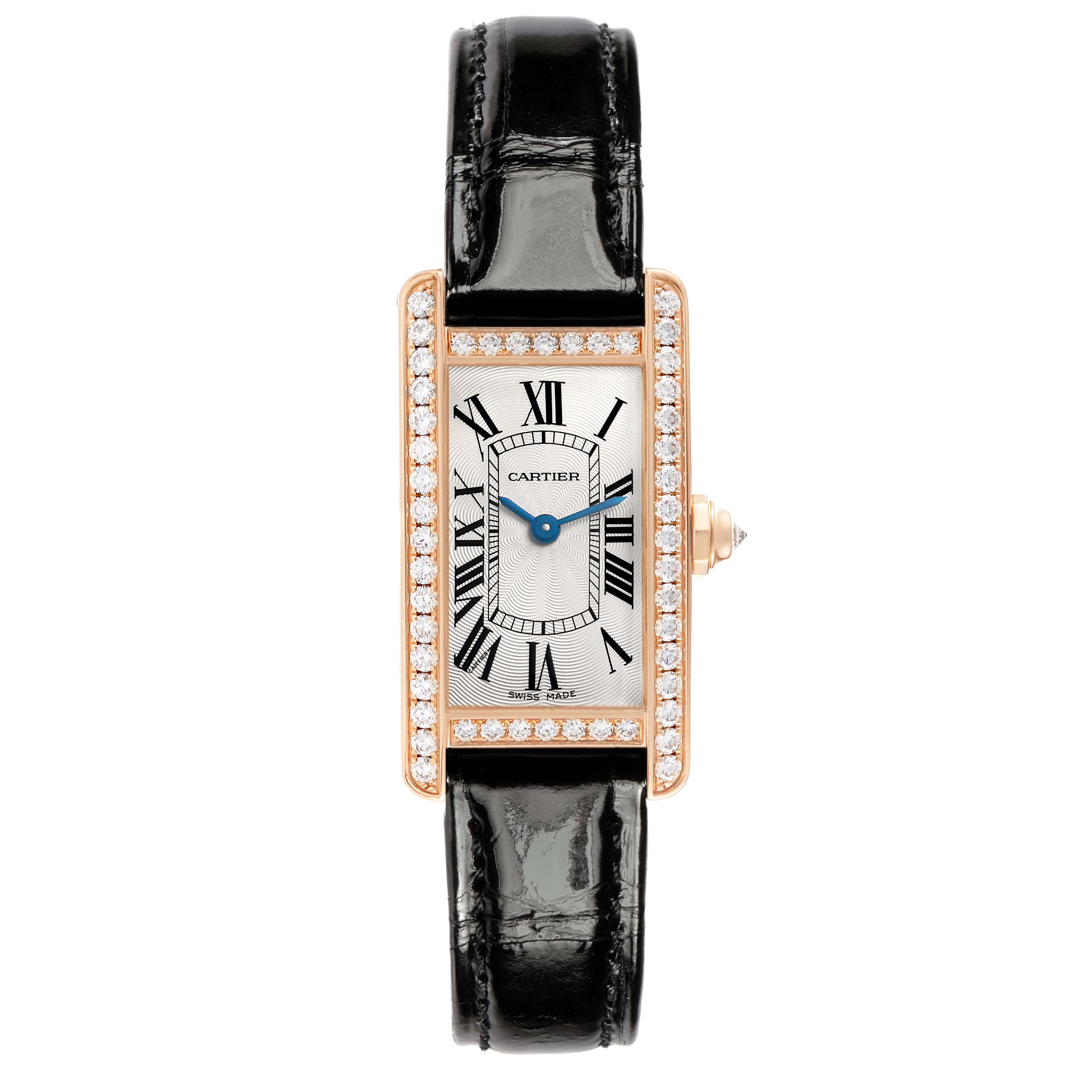 The Cartier Tank Americaine WJTA0002 Women
s Rose Gold Silver Dial watch is shown from the front, highlighting the rectangular face, Roman numerals, and diamond-accented bezel.