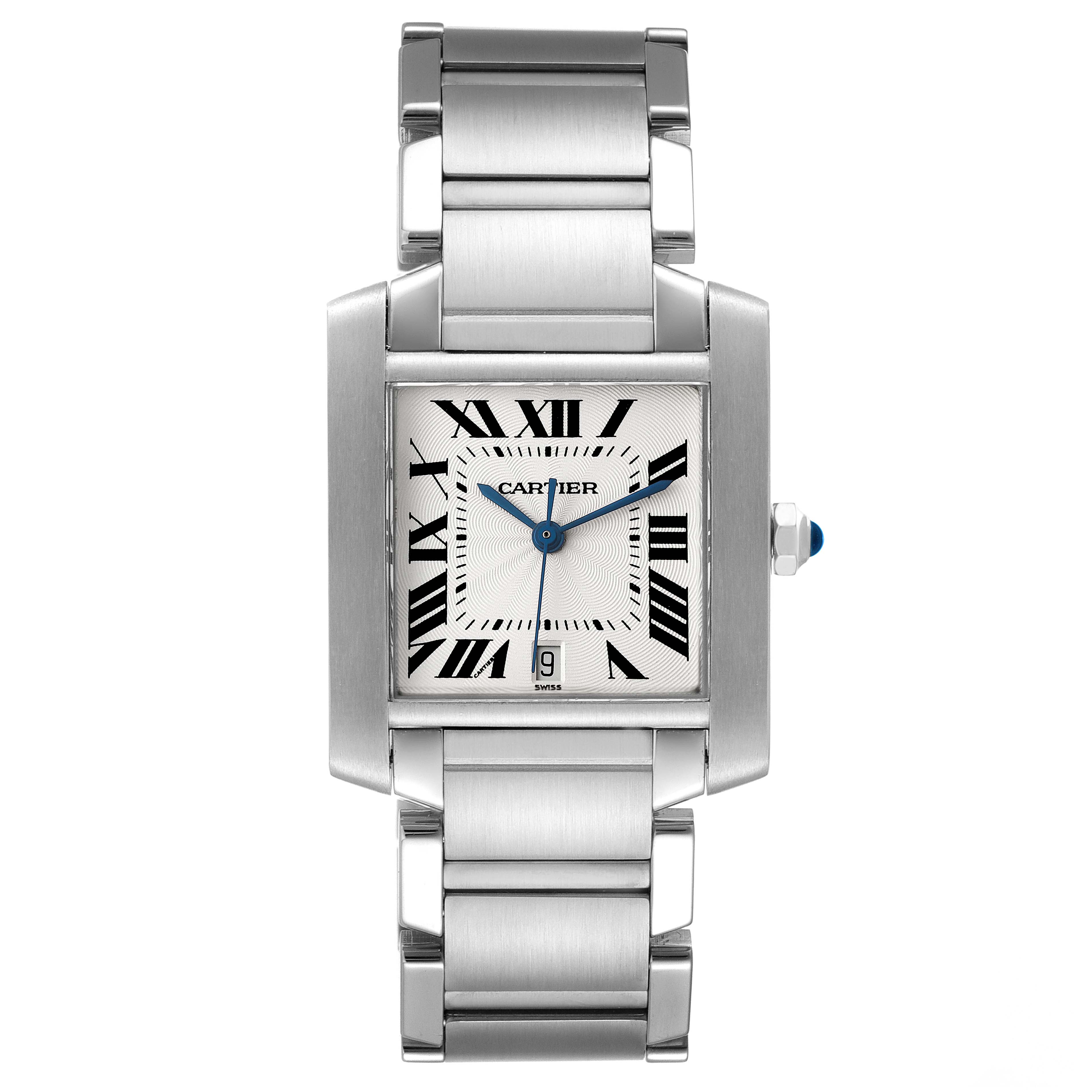 This image shows a frontal view of the Cartier Tank Française watch, displaying its face, bracelet, and side crown.