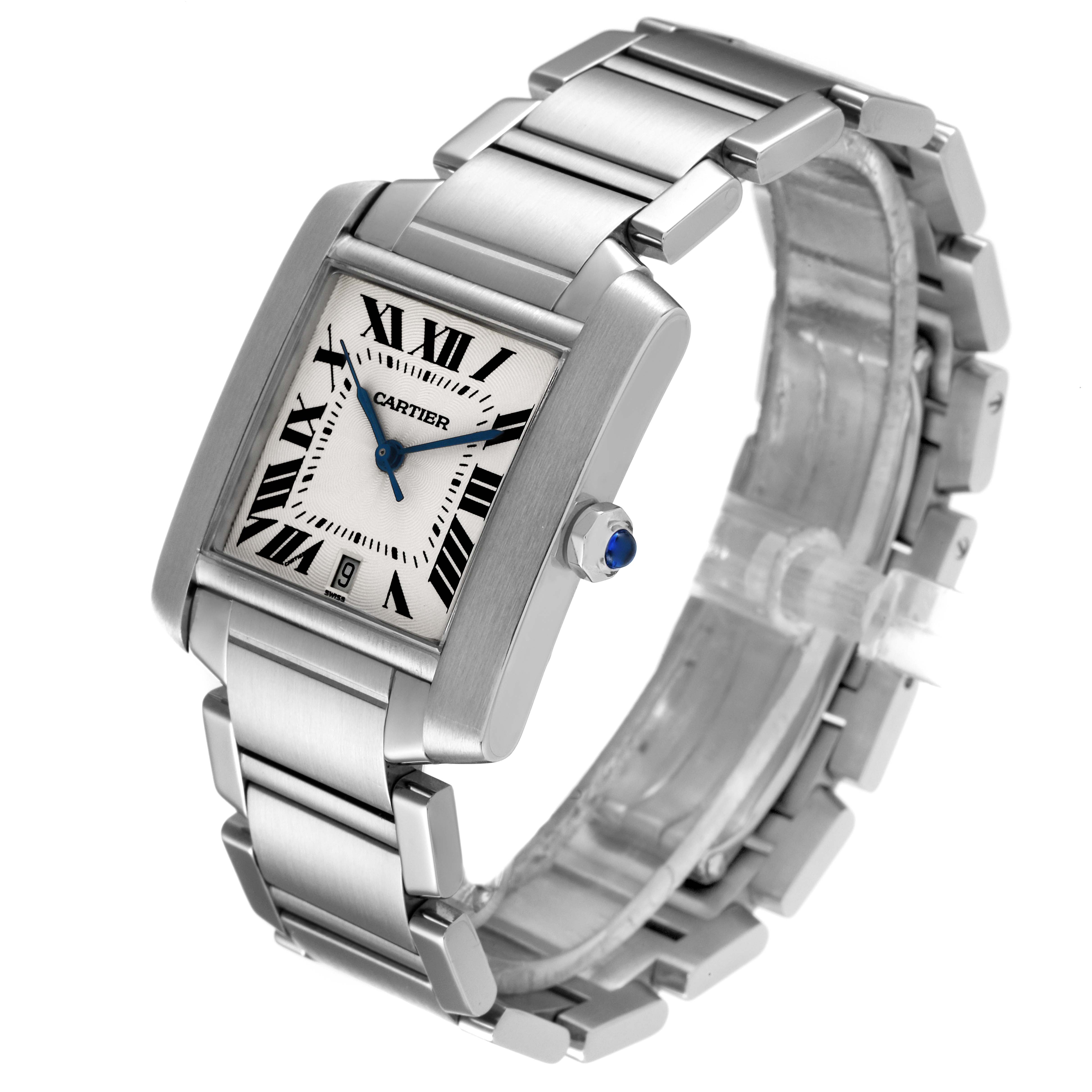 The Cartier Tank Francaise W51002Q3 Men's Stainless Steel Silver Dial W51002Q3 Men's Stainless Steel Silver Dial watch is shown at an angle highlighting the face, bracelet, and crown.