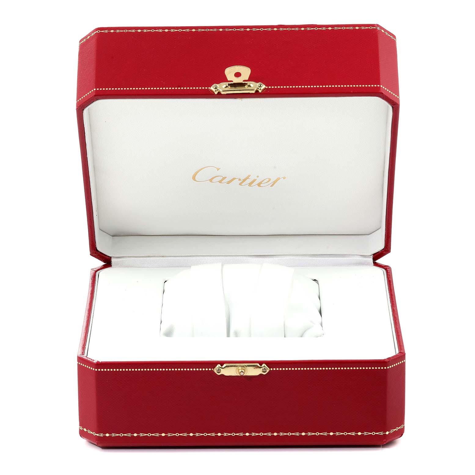 The image shows an open Cartier Tank Francaise W51002Q3 Men's Stainless Steel Silver Dial W51002Q3 Men's Stainless Steel Silver Dial watch box at a straight-on angle.