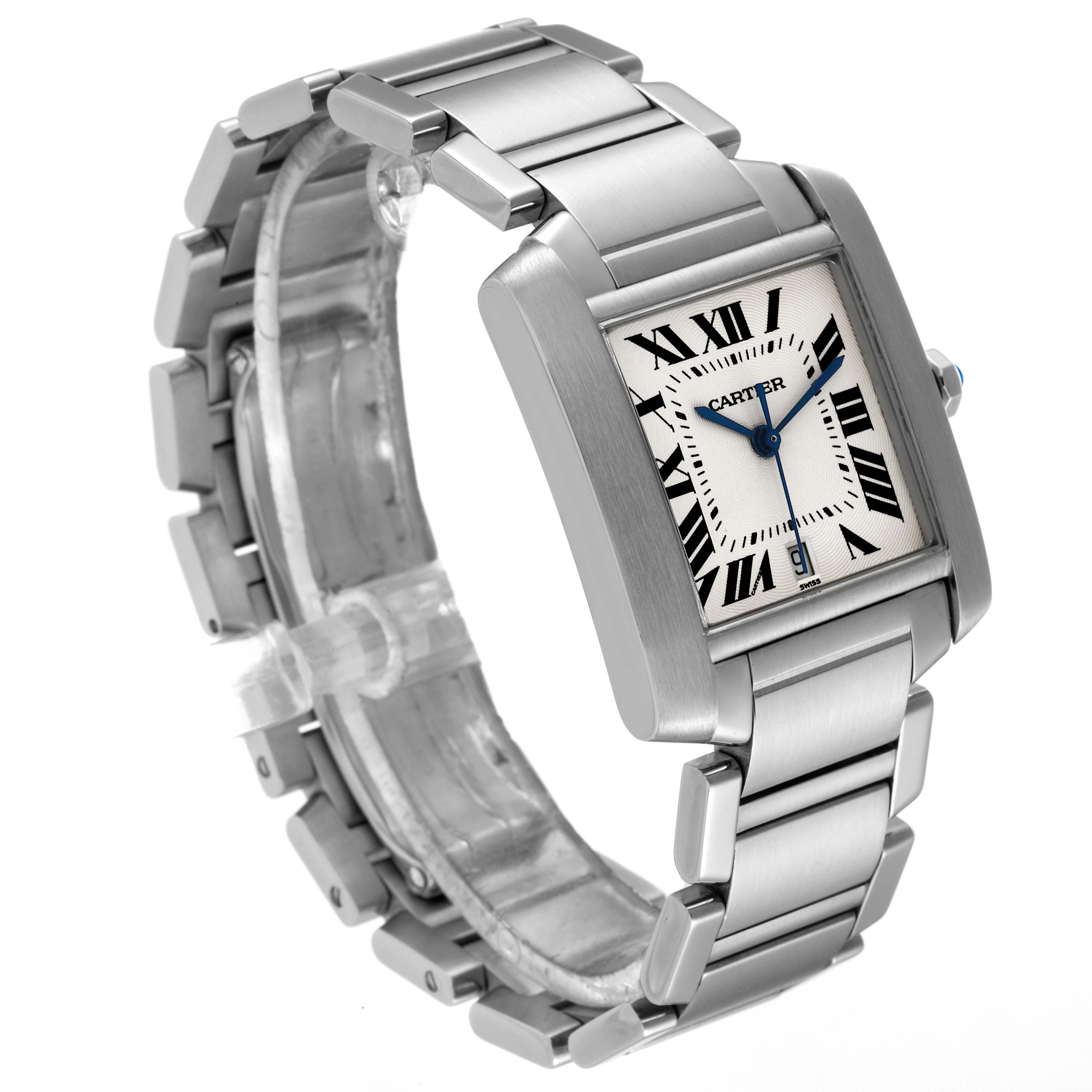 The Cartier Tank Francaise W51002Q3 Men's Stainless Steel Silver Dial W51002Q3 Men's Stainless Steel Silver Dial watch is shown at a three-quarter angle, displaying its face, metal bracelet, and side profile.