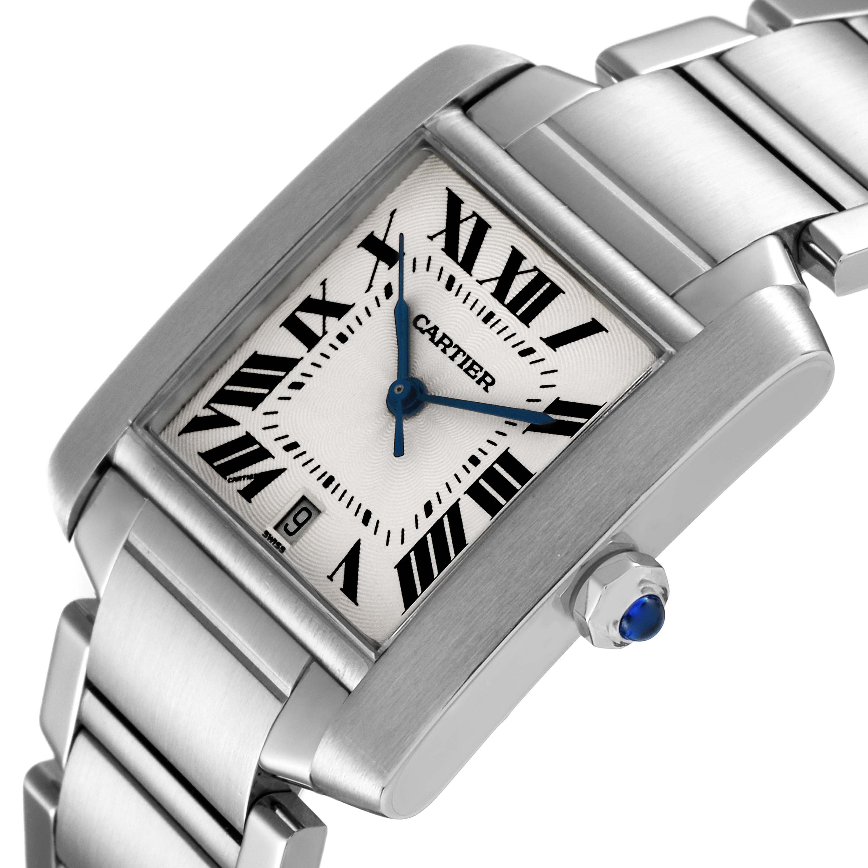 The image shows a close-up angle of the Cartier Tank Francaise W51002Q3 Men's Stainless Steel Silver Dial W51002Q3 Men's Stainless Steel Silver Dial watch face and partial bracelet.