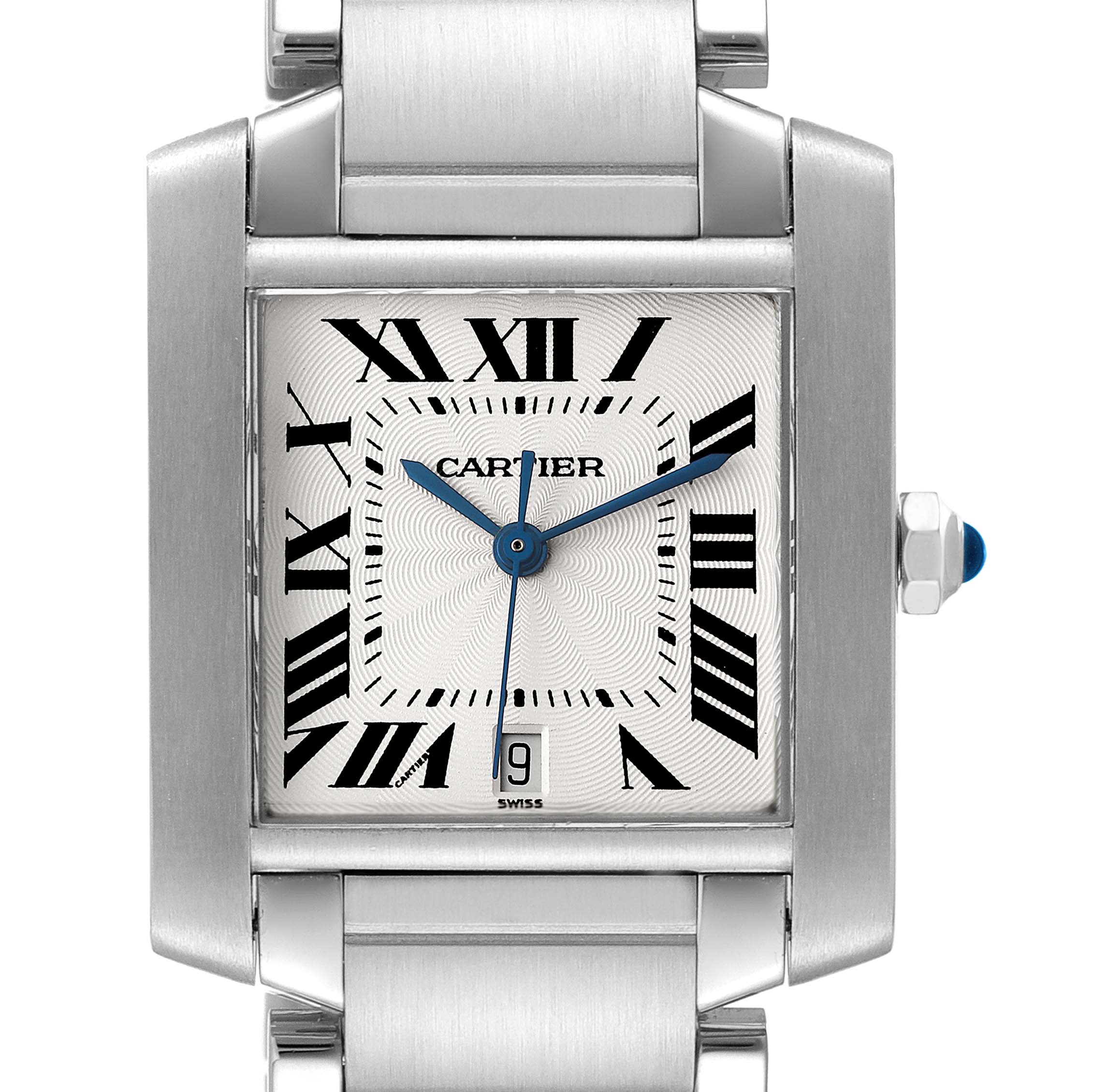 The image shows a front view of the Cartier Tank Francaise W51002Q3 Men's Stainless Steel Silver Dial W51002Q3 Men's Stainless Steel Silver Dial watch, highlighting its square face, Roman numerals, and bracelet.