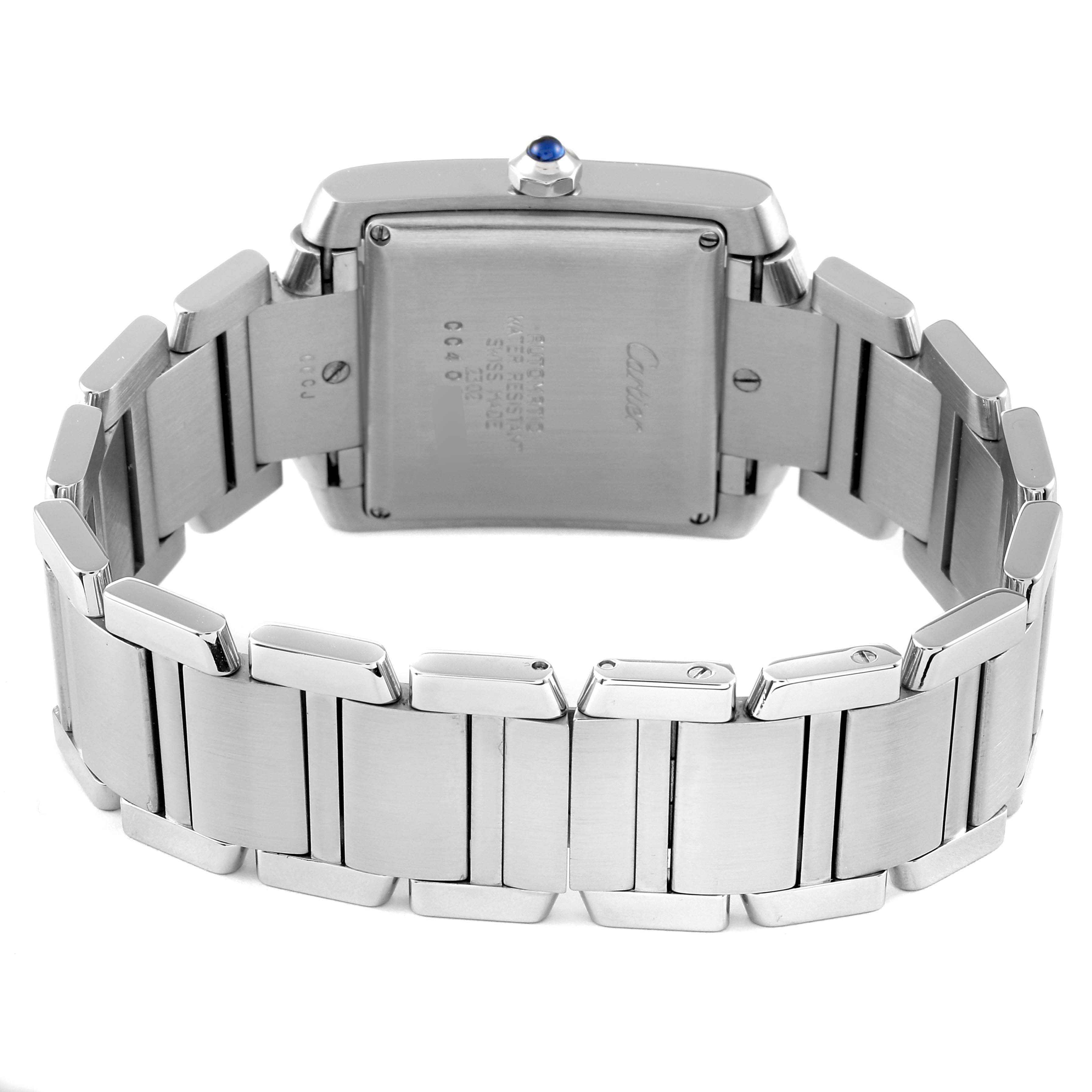 The image shows the back view of a Cartier Tank Francaise W51002Q3 Men's Stainless Steel Silver Dial W51002Q3 Men's Stainless Steel Silver Dial watch, highlighting its stainless steel case and bracelet.