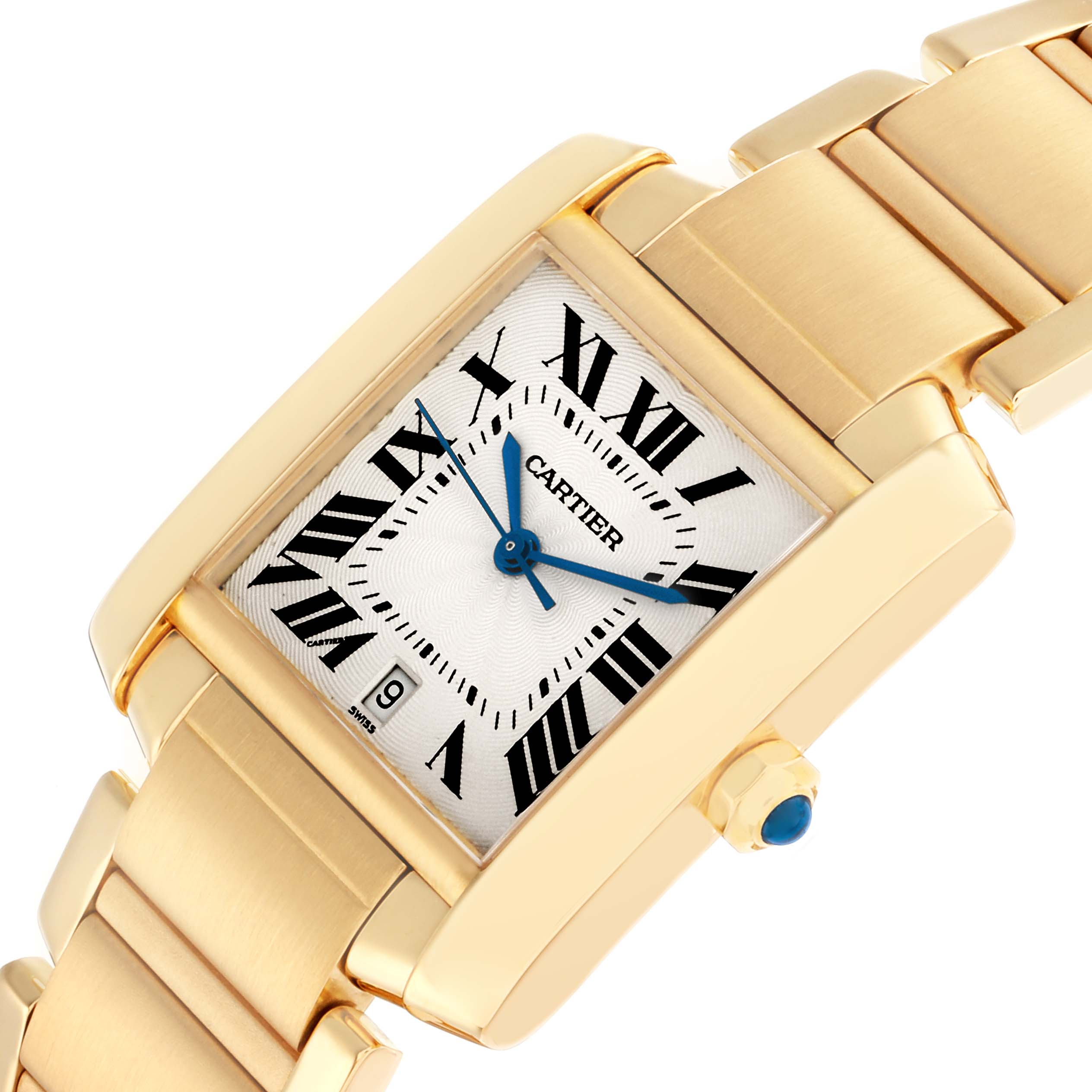 The Cartier Tank Française watch is shown at a slight angle, displaying the face, Roman numerals, crown, and part of the bracelet.