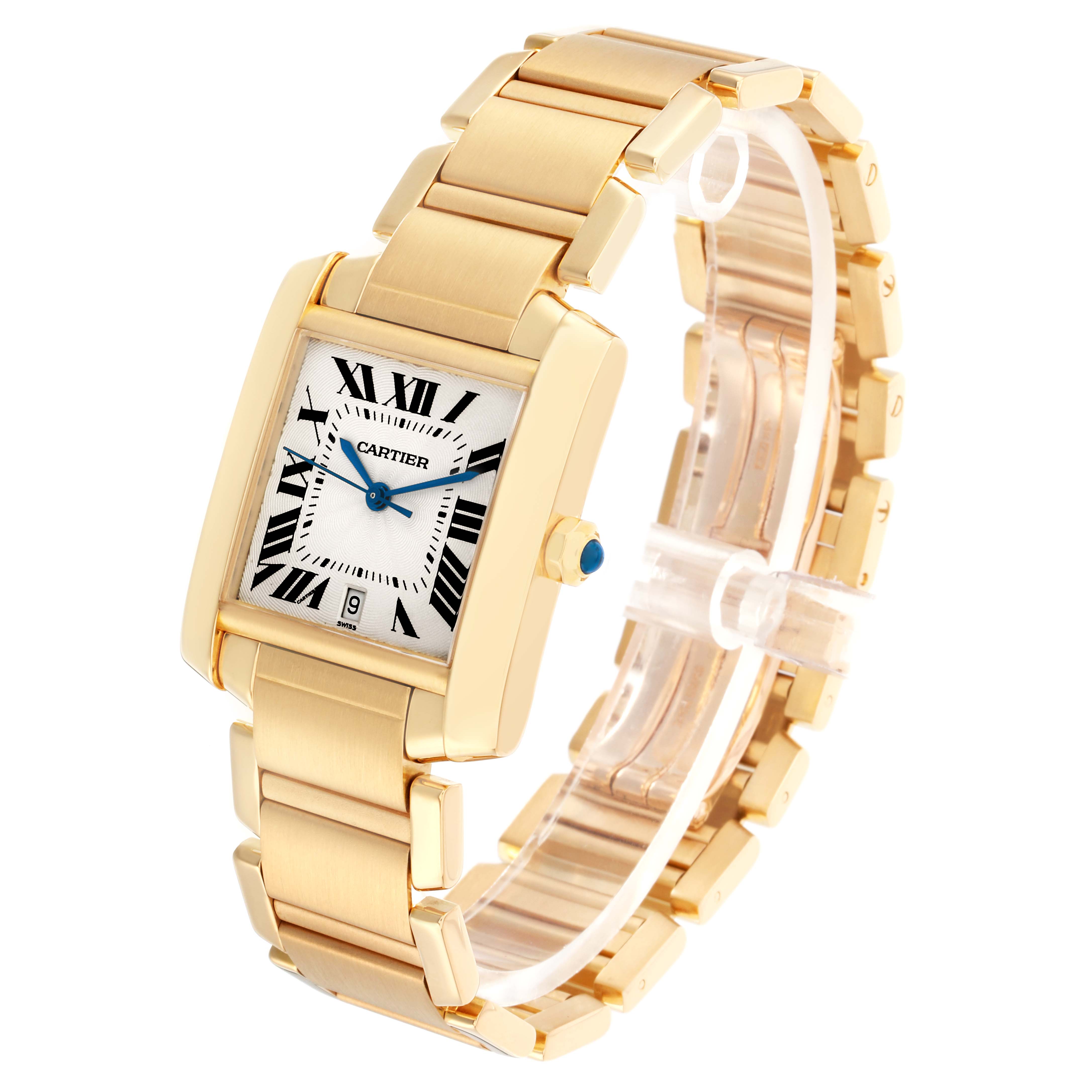 The Cartier Tank Francaise W50001R2 Men
s Yellow Gold Silver Dial watch is shown at a three-quarter angle, displaying the gold bracelet, rectangular case, and dial.