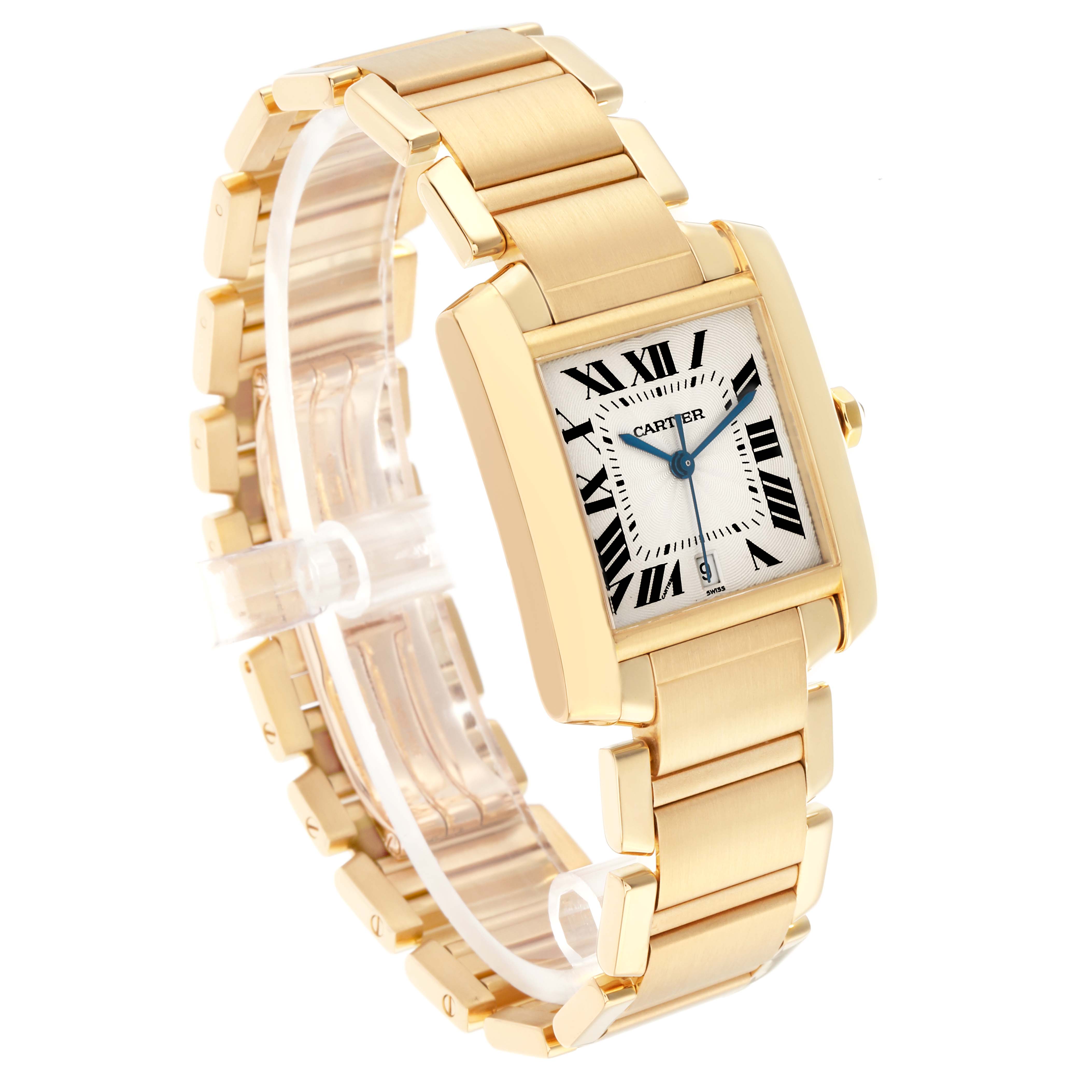 The Cartier Tank Française watch is shown at a three-quarter angle, displaying the face, gold bracelet, and side crown.