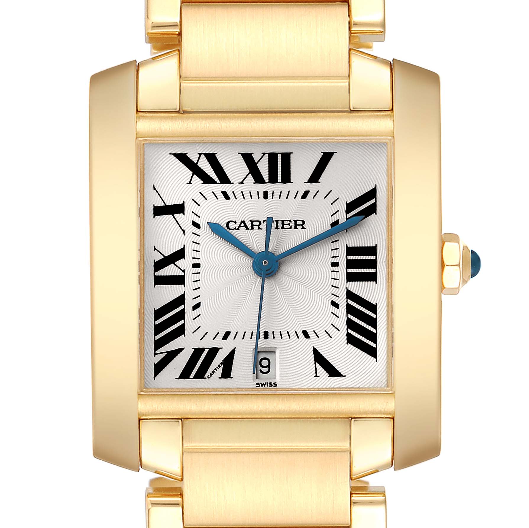 The Cartier Tank Française watch is shown front-facing, highlighting its rectangular dial, Roman numerals, and gold bracelet.