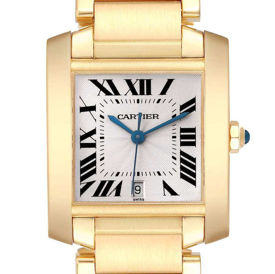 The Cartier Tank Française watch is shown front-facing, highlighting its rectangular dial, Roman numerals, and gold bracelet.