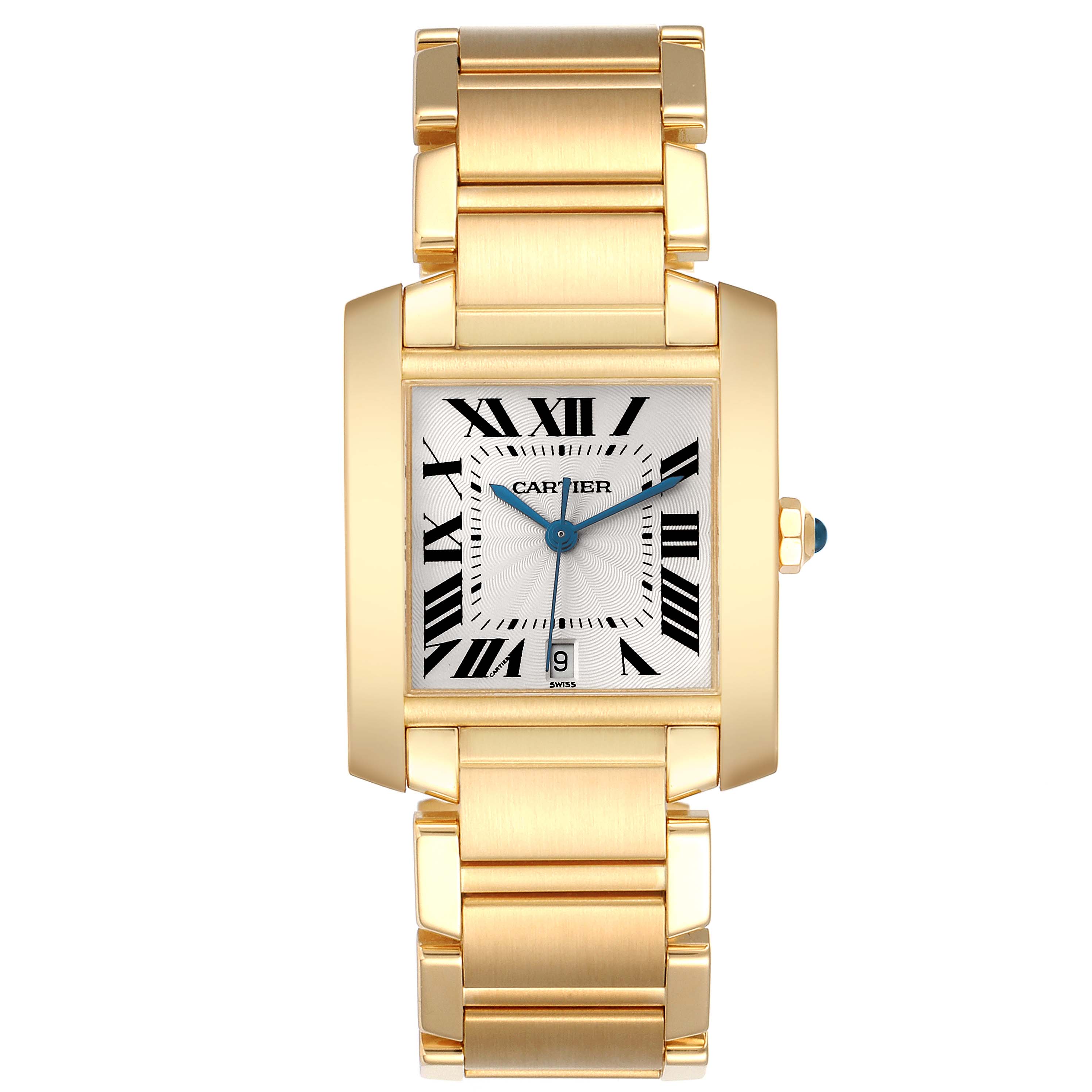 The Cartier Tank Française watch is shown from a front angle, displaying the face, bezel, and bracelet.